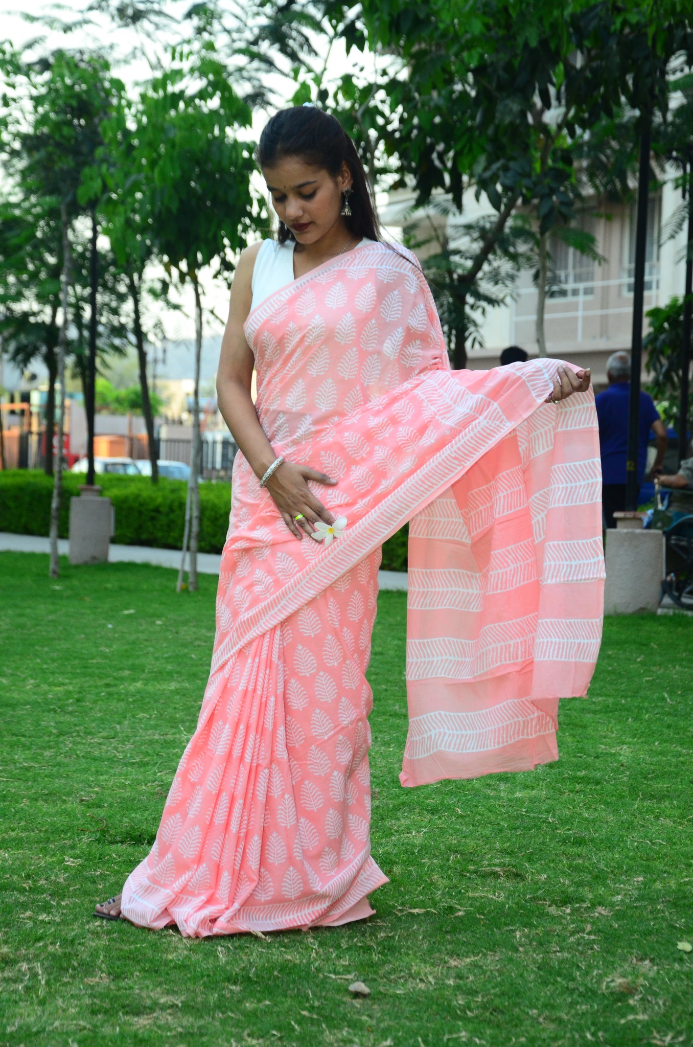 Summer Vacation Collection - Peachy Affair- Handblock Print Natural Dyed - Mulmul Cotton Saree