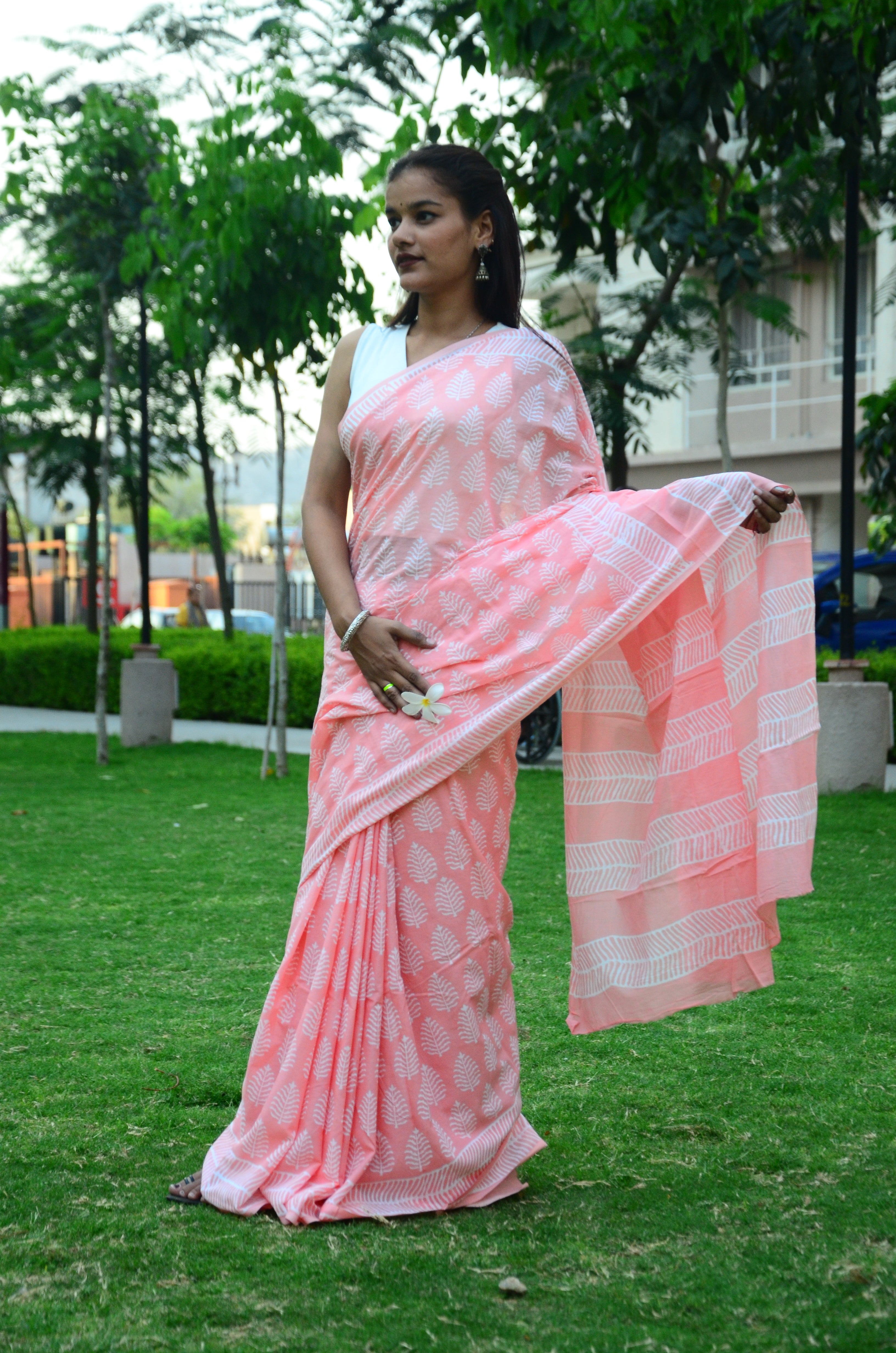 Summer Vacation Collection - Peachy Affair- Handblock Print Natural Dyed - Mulmul Cotton Saree