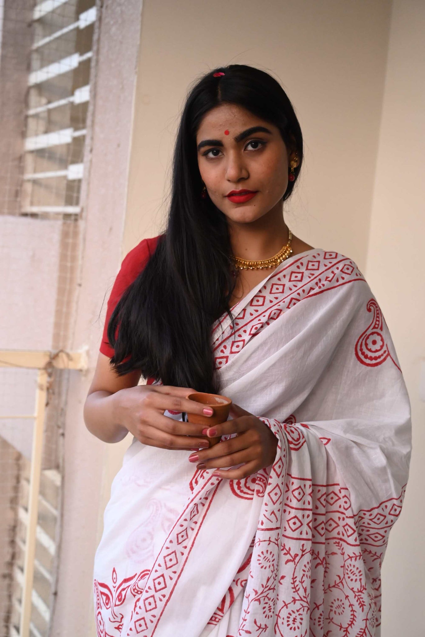 A Girl At Durga Puja - Handblock Print Natural Dyed - Mulmul Cotton Saree