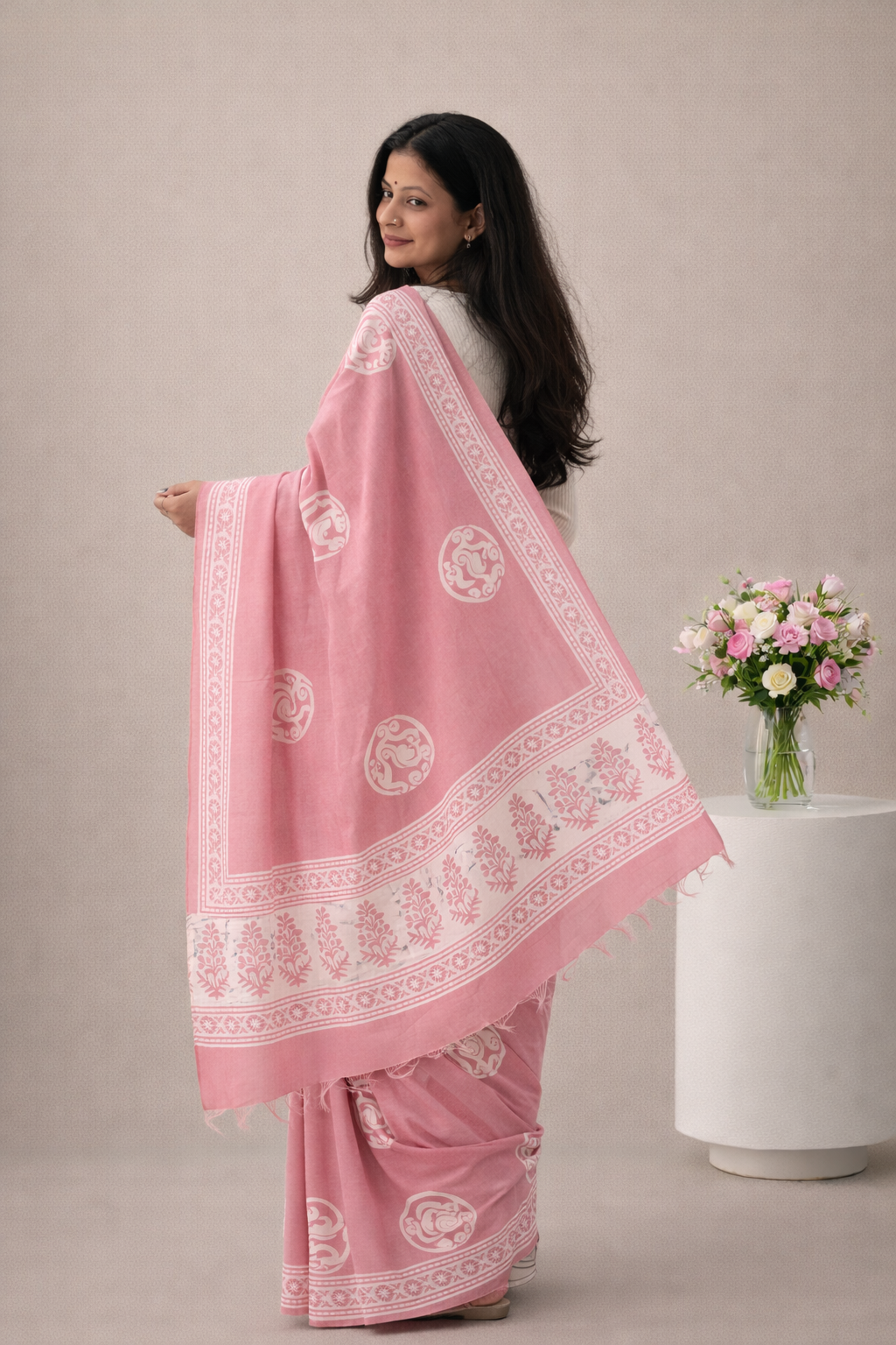 Dusky Pink - Handblock Cotton Mulmul Saree