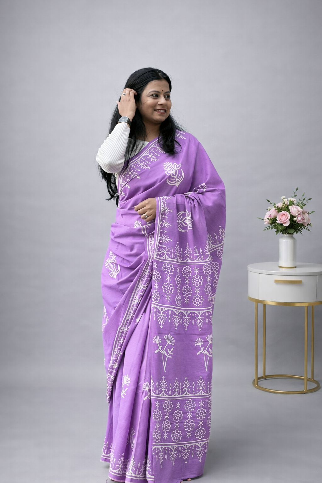 Lavender Mood - Handblock Cotton Mulmul Saree