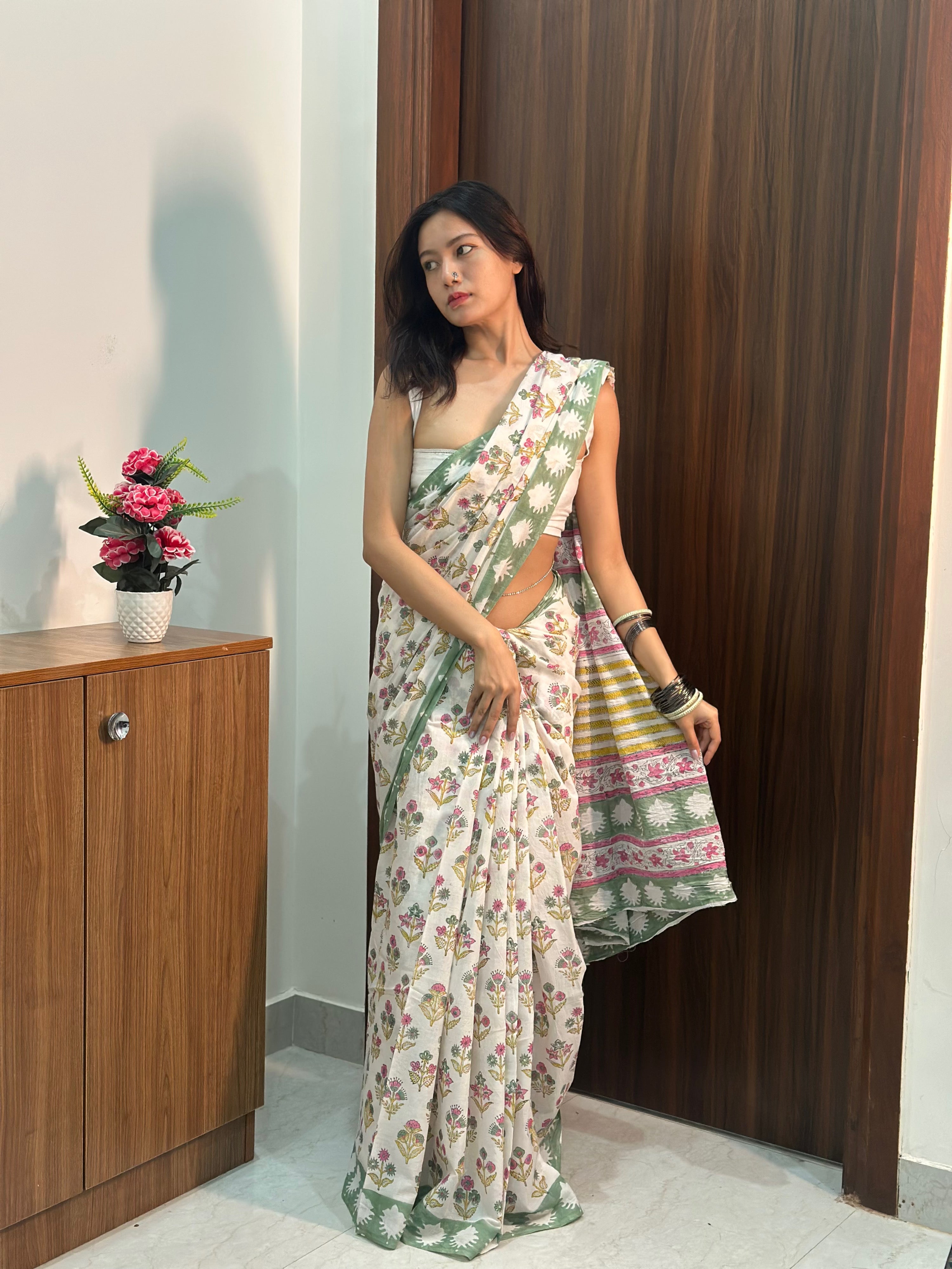 Call Me Love – Multicolor Floral Handblock Printed Cotton Mulmul Saree