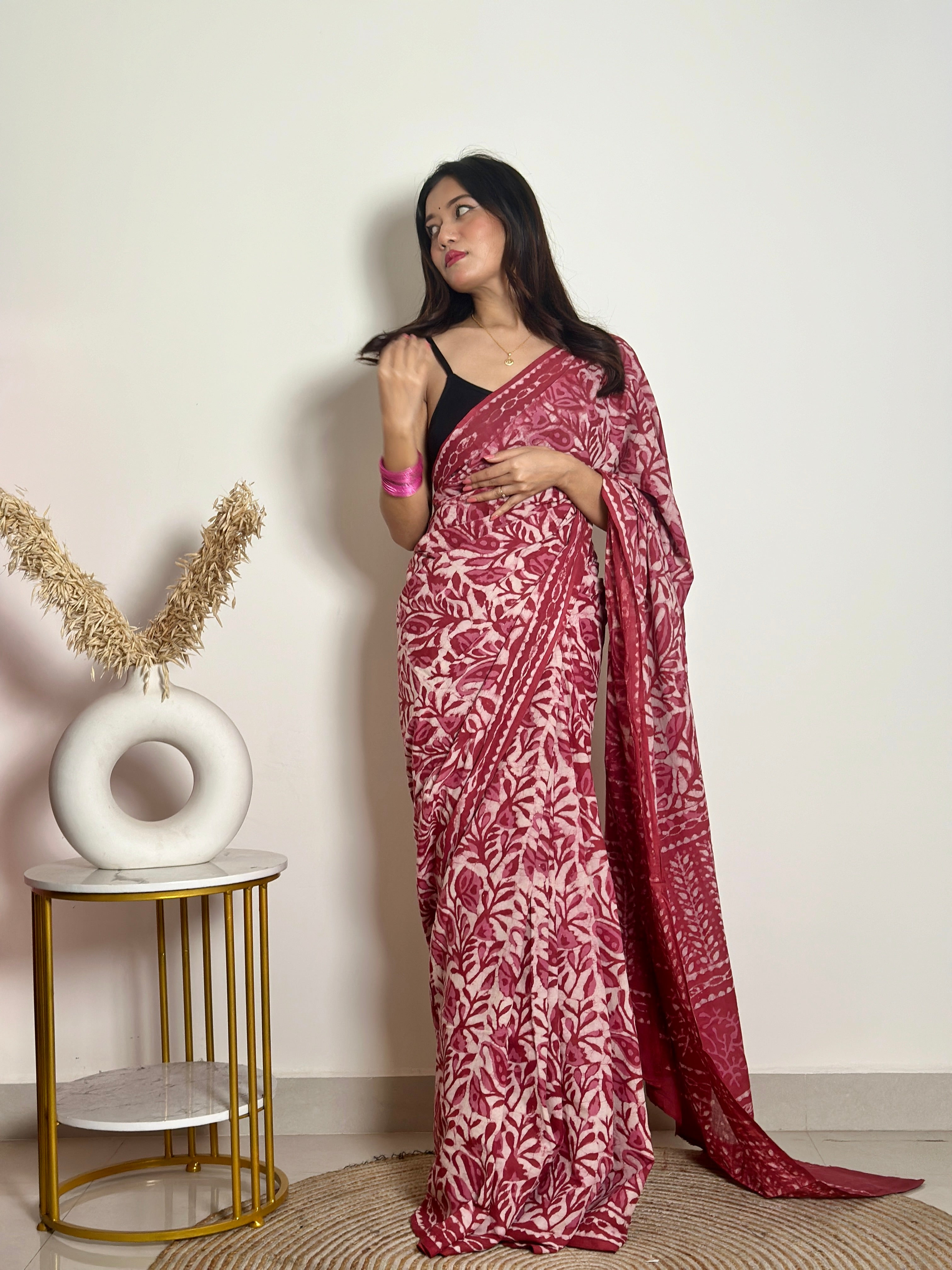 Bougainvillea - Cotton Mulmul - Handblock Dabu Saree