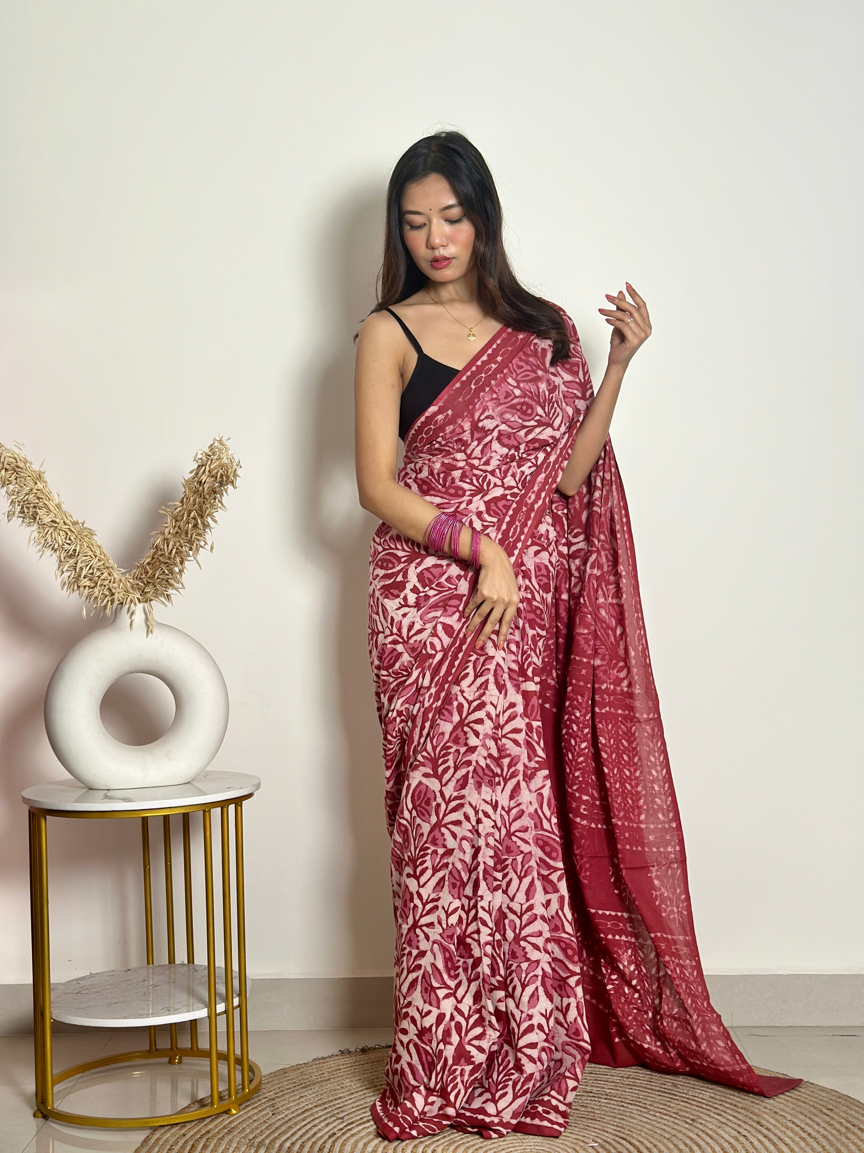 Bougainvillea - Cotton Mulmul - Handblock Dabu Saree