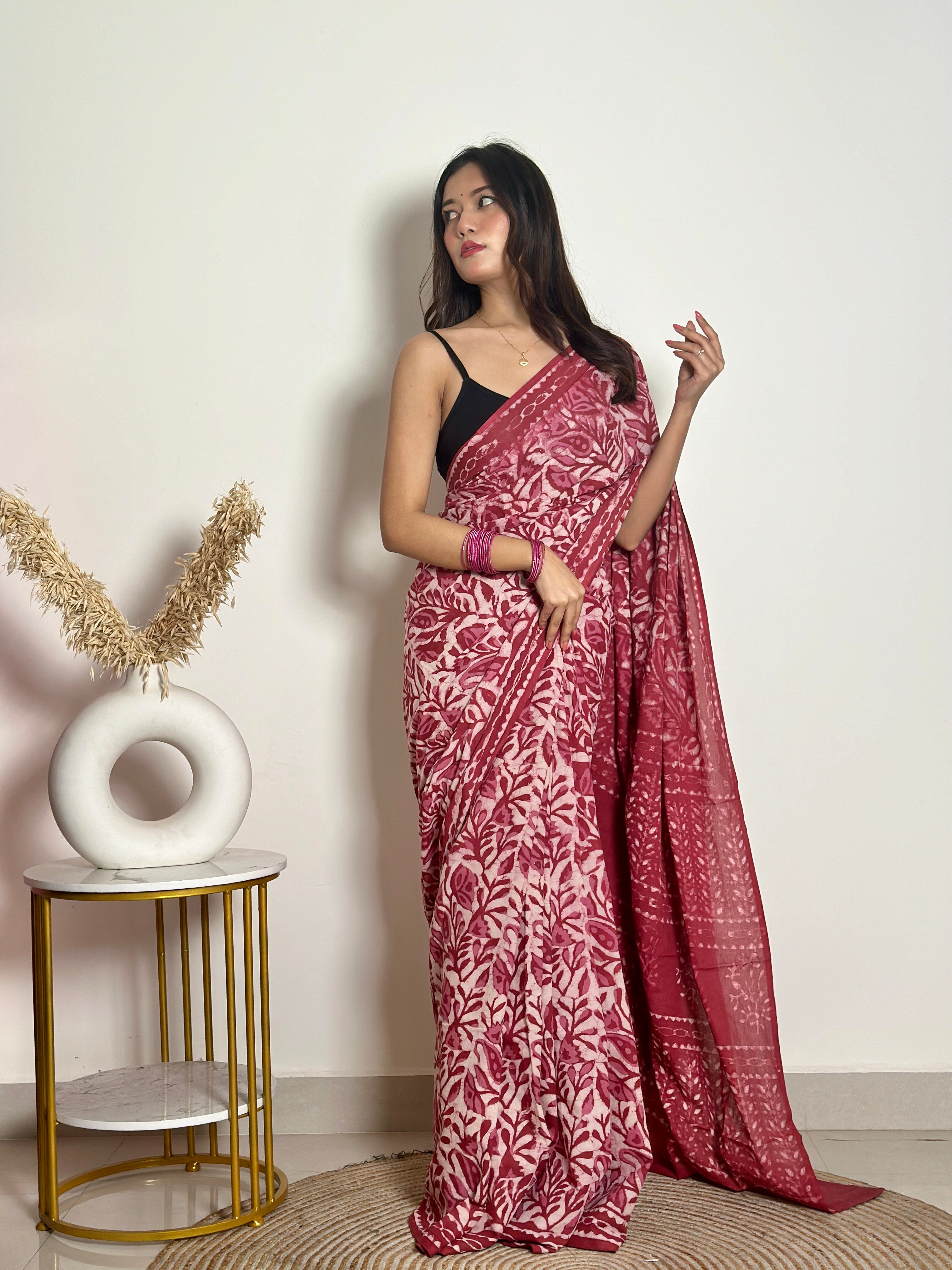 Bougainvillea - Cotton Mulmul - Handblock Dabu Saree