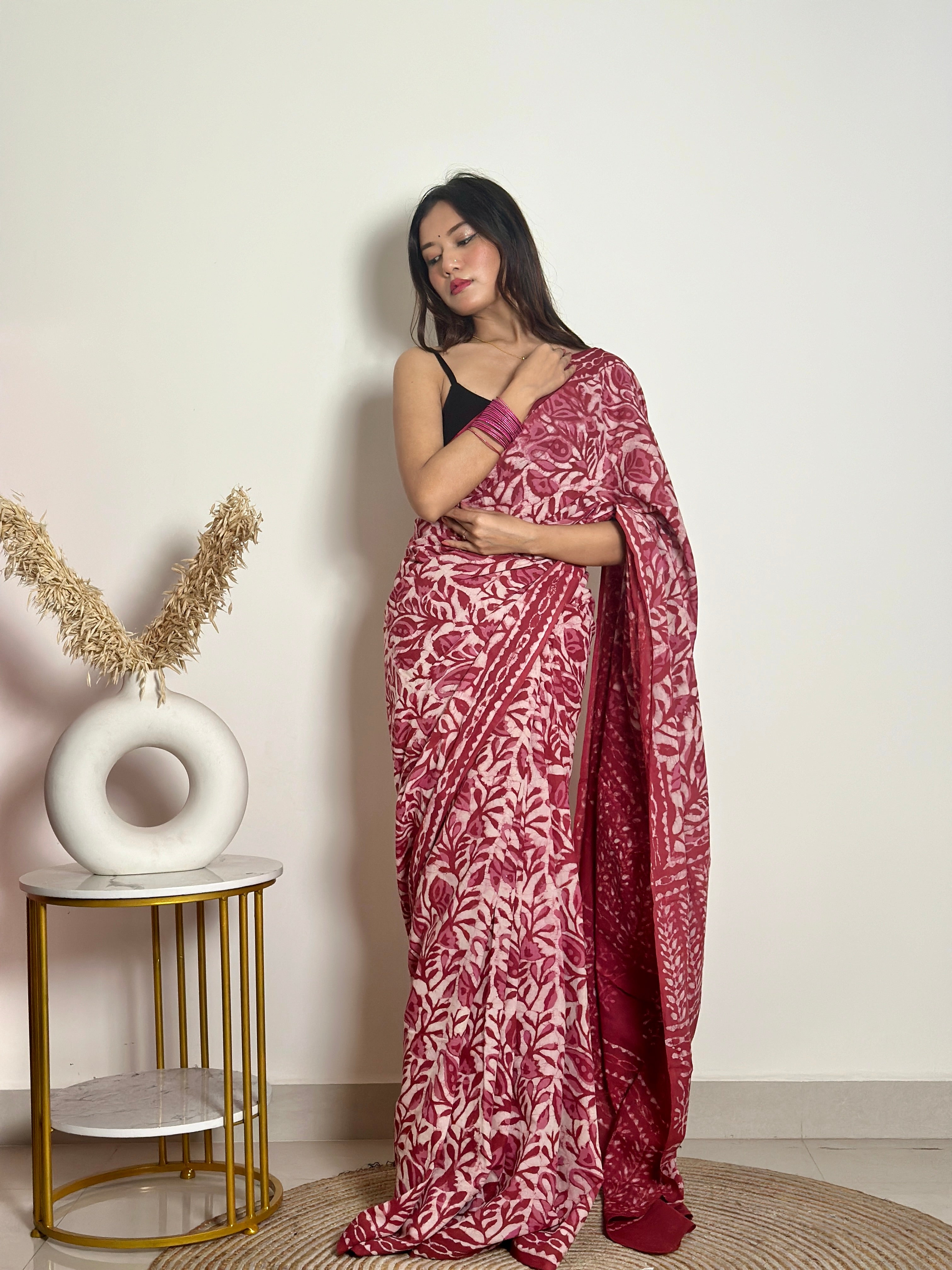 Bougainvillea - Cotton Mulmul - Handblock Dabu Saree