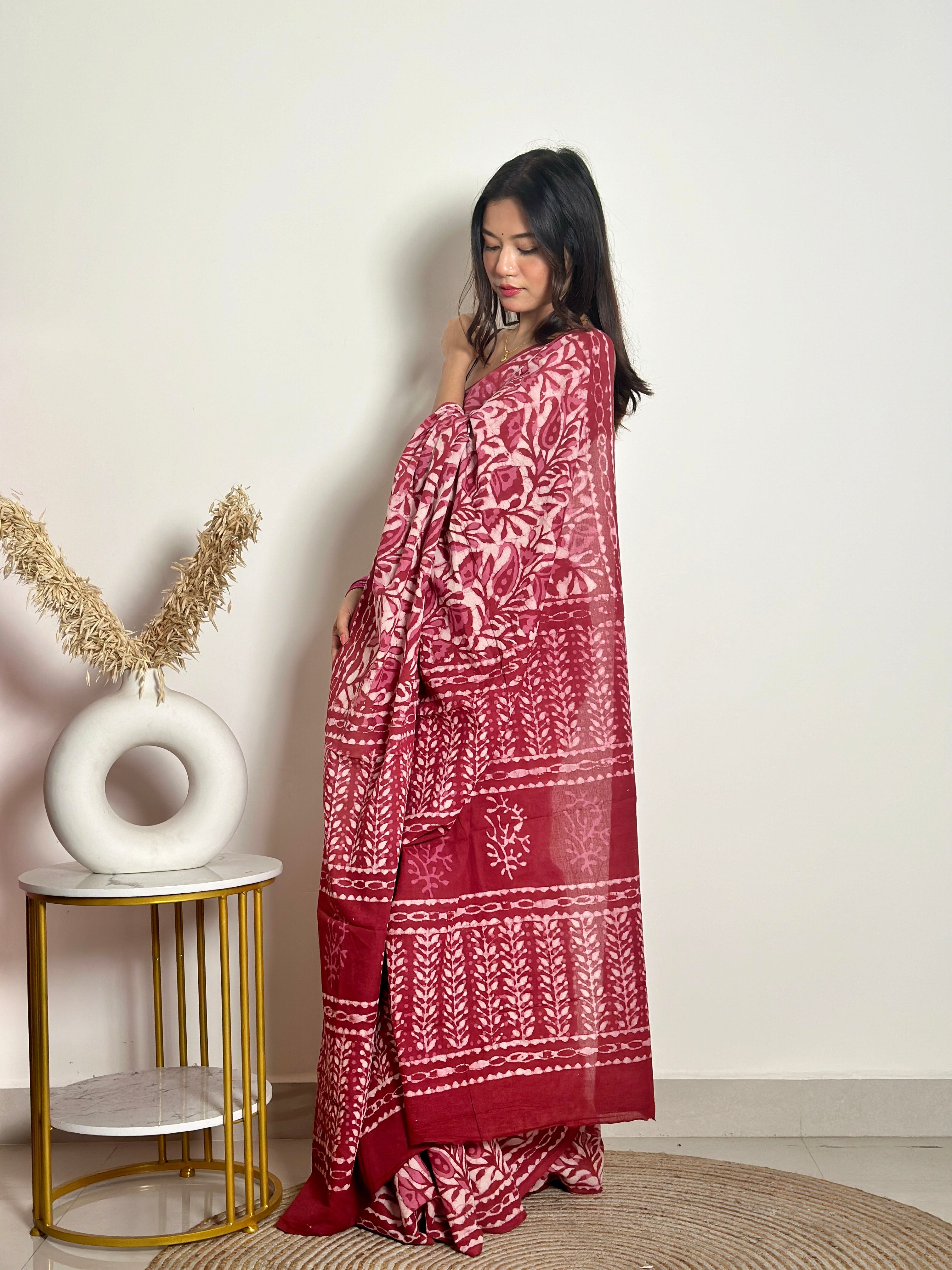 Bougainvillea - Cotton Mulmul - Handblock Dabu Saree