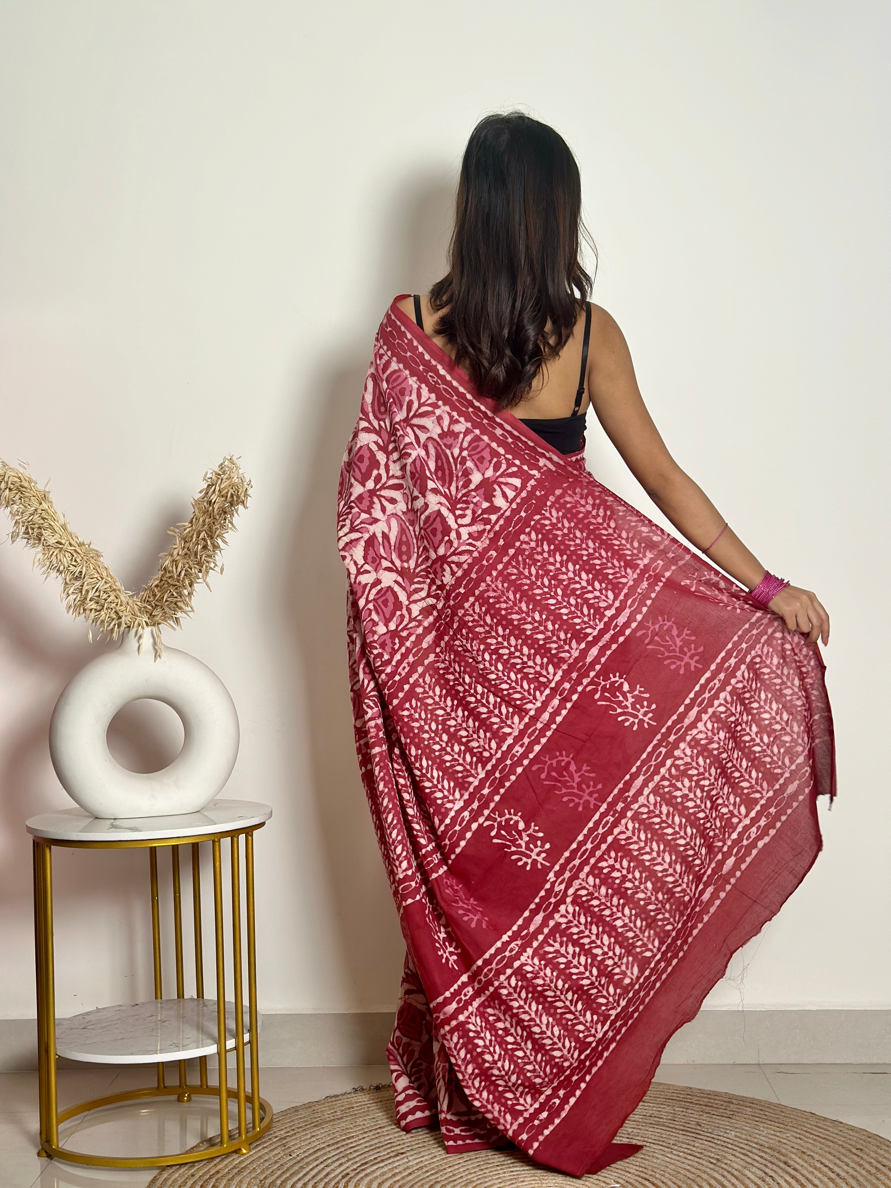 Bougainvillea - Cotton Mulmul - Handblock Dabu Saree