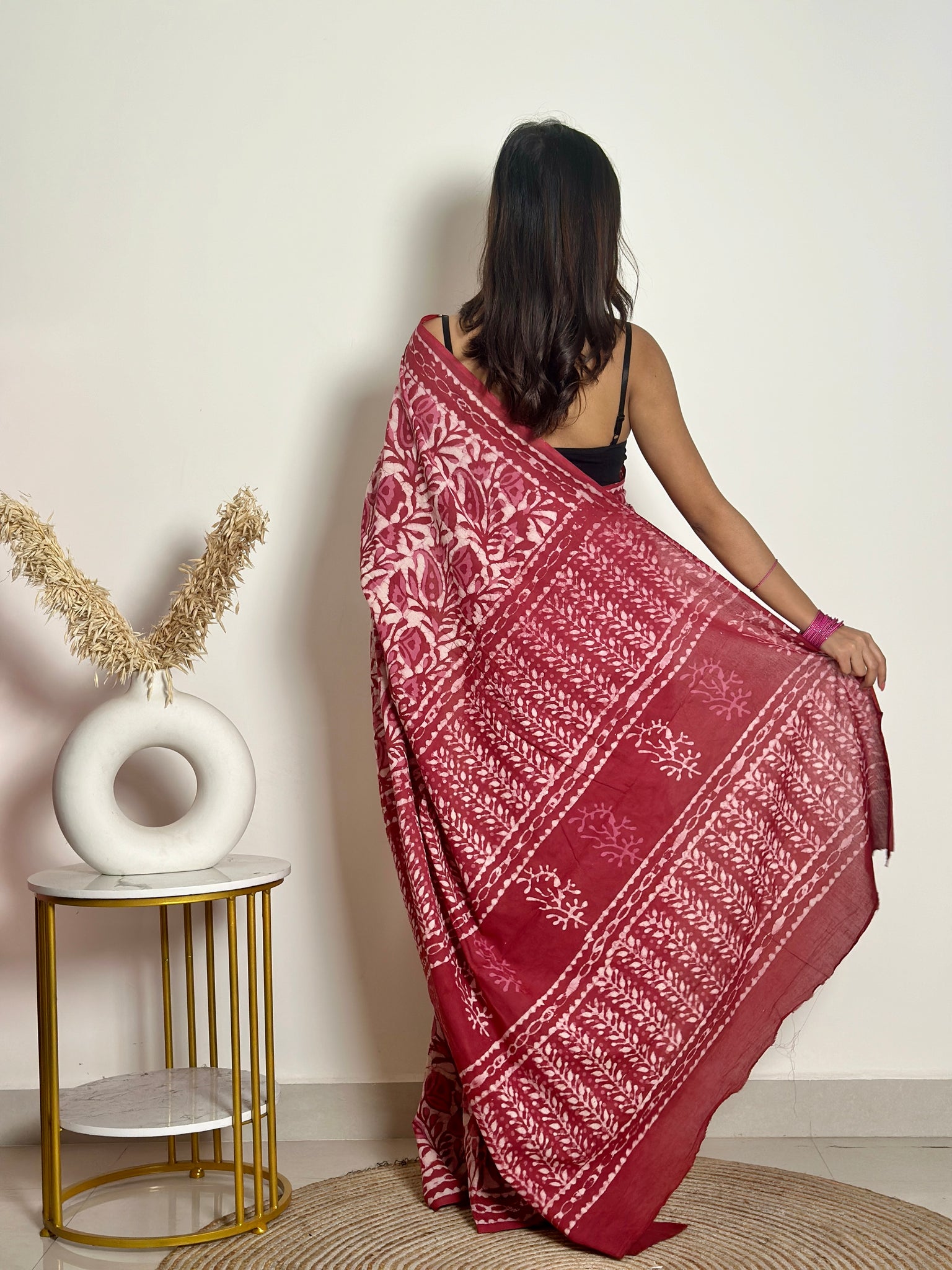 Bougainvillea - Cotton Mulmul - Handblock Dabu Saree