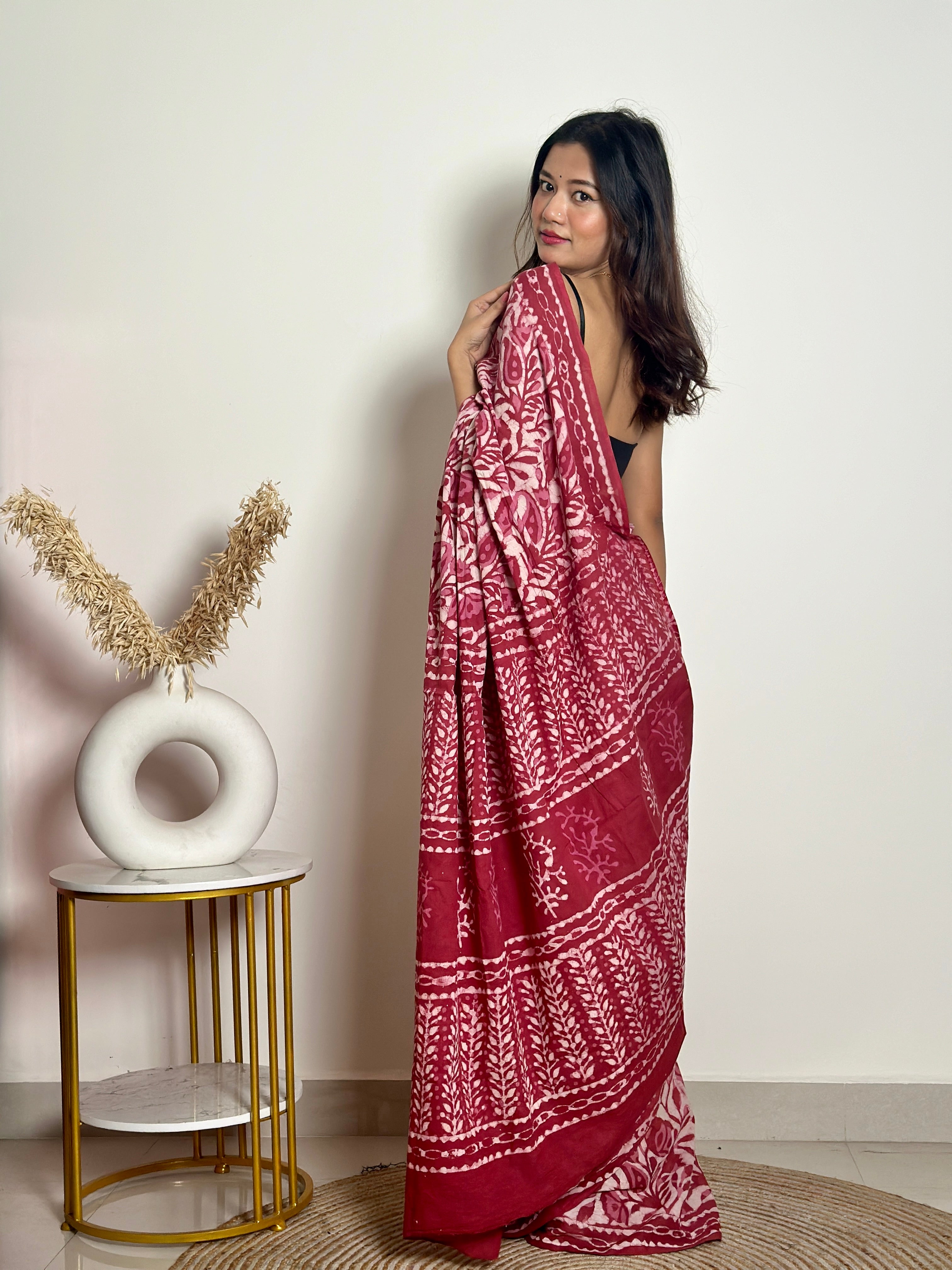 Bougainvillea - Cotton Mulmul - Handblock Dabu Saree