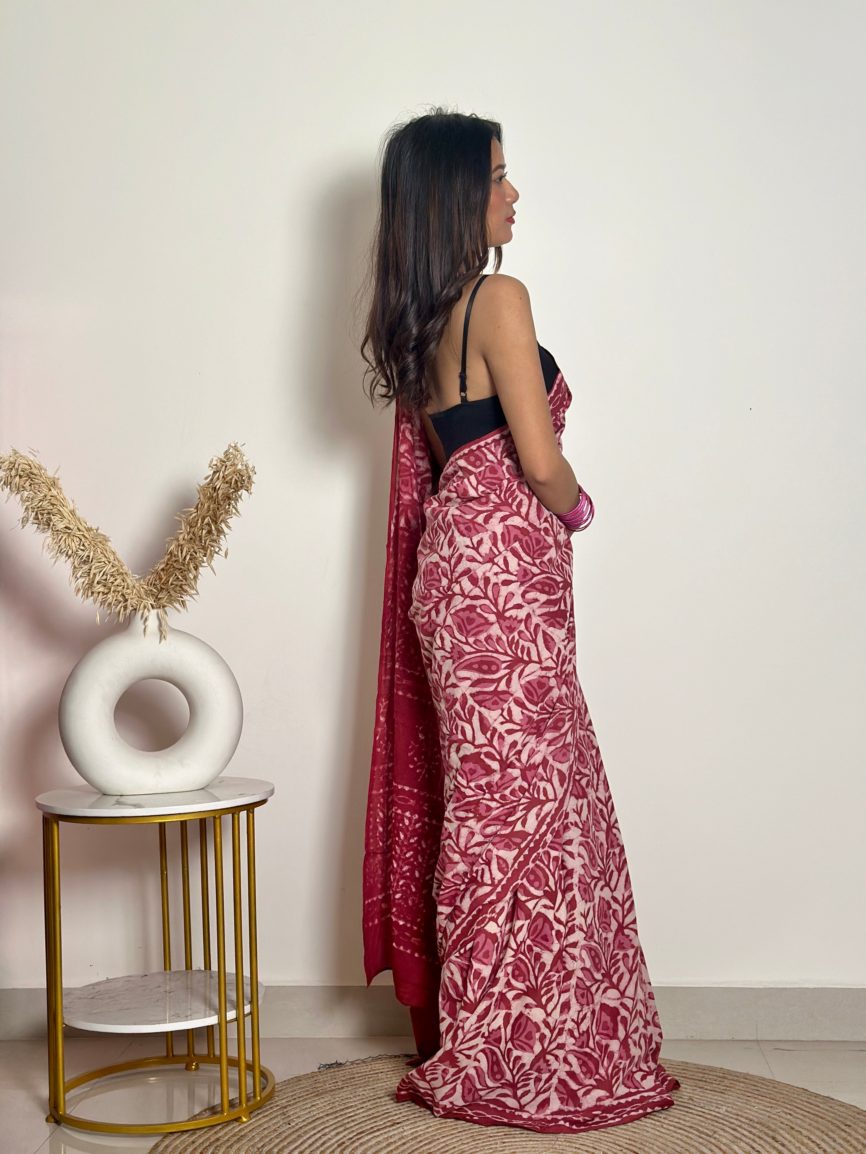 Bougainvillea - Cotton Mulmul - Handblock Dabu Saree
