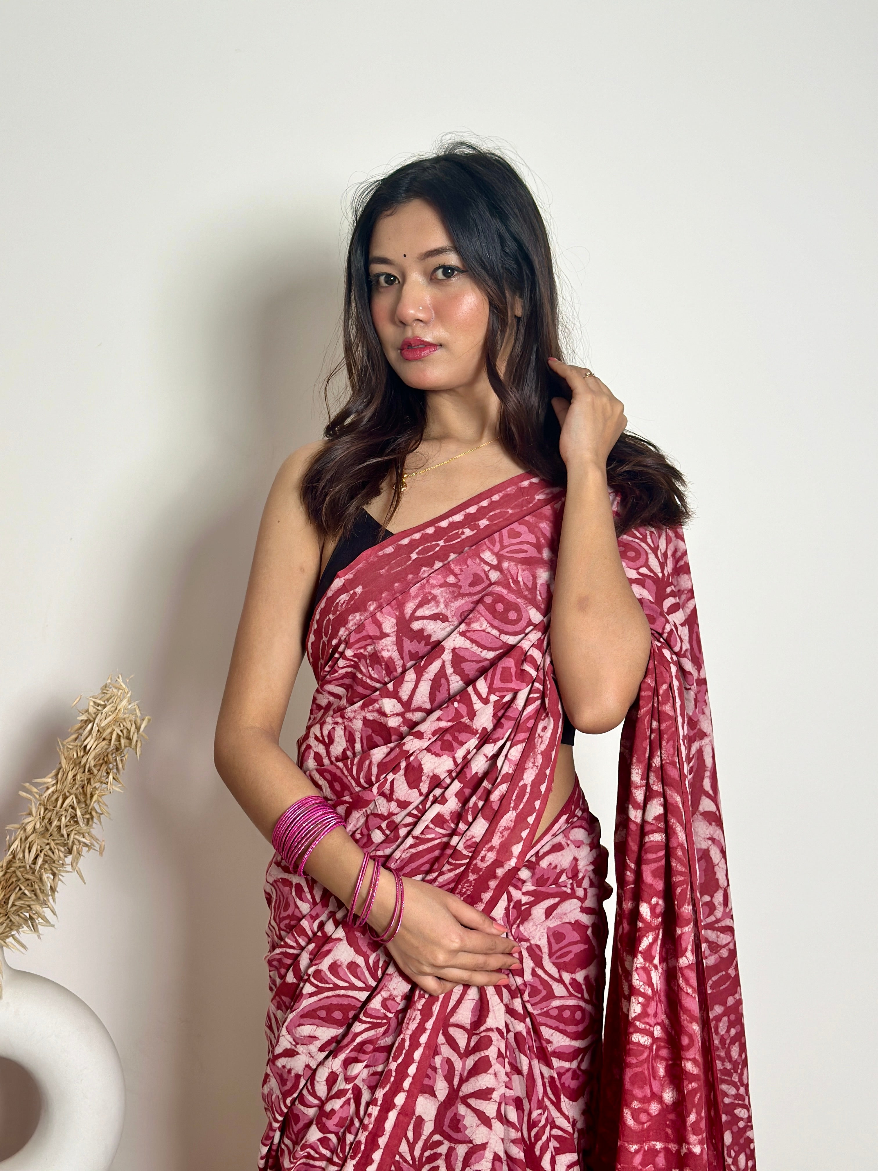 Bougainvillea - Cotton Mulmul - Handblock Dabu Saree