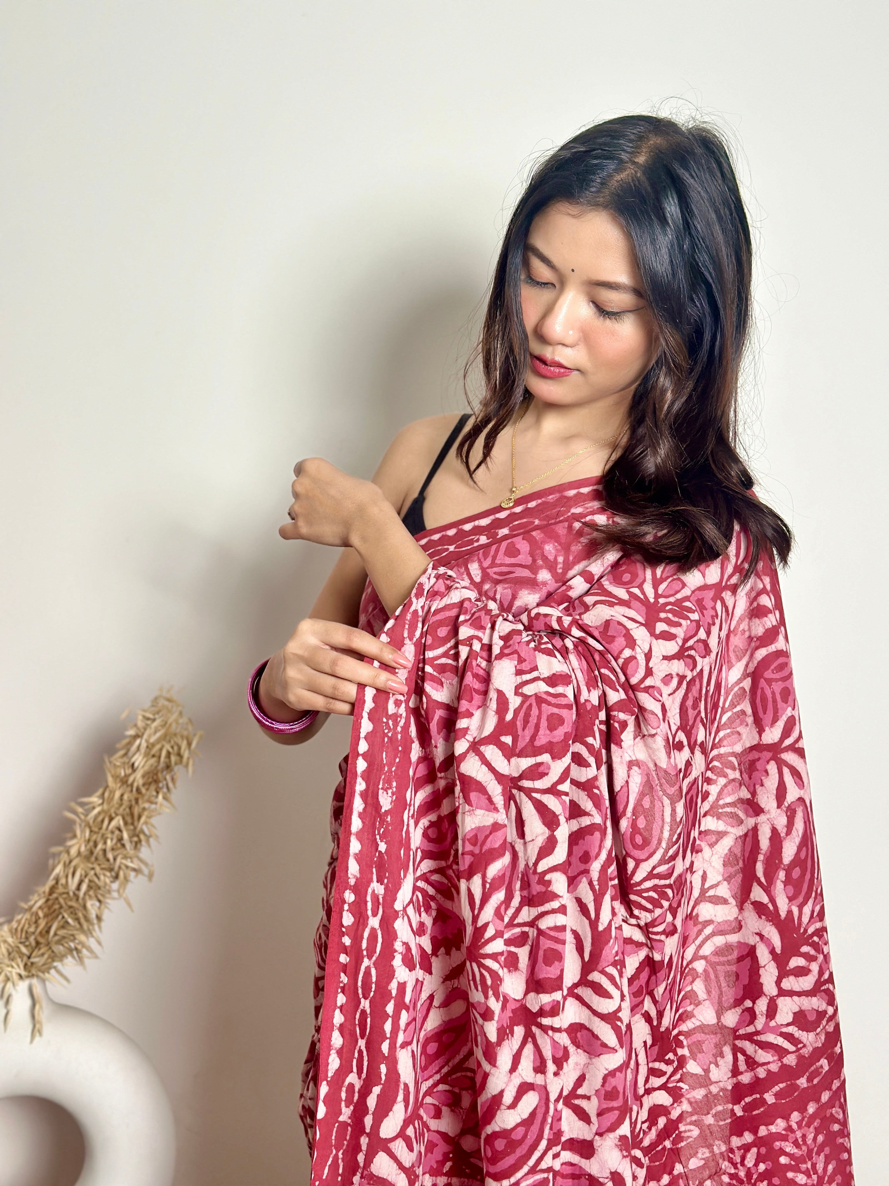 Bougainvillea - Cotton Mulmul - Handblock Dabu Saree
