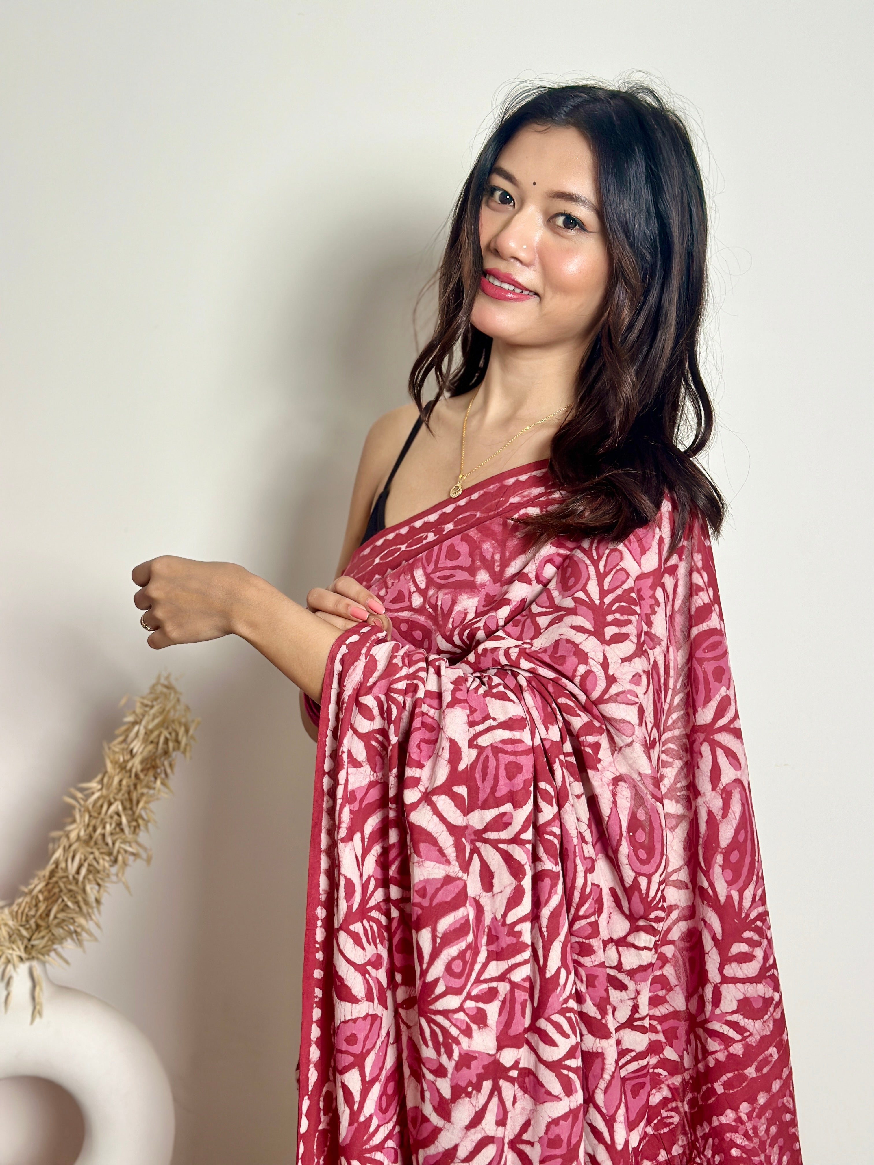 Bougainvillea - Cotton Mulmul - Handblock Dabu Saree