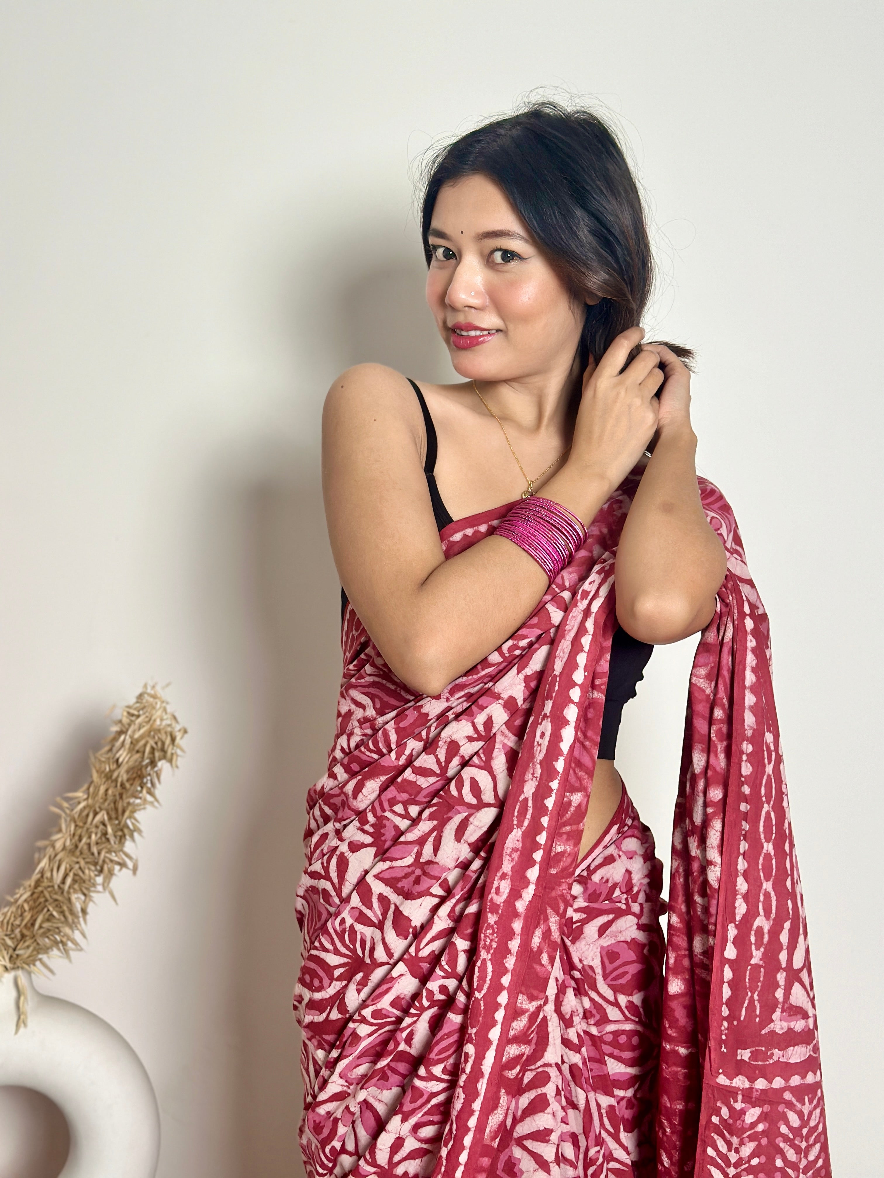 Bougainvillea - Cotton Mulmul - Handblock Dabu Saree