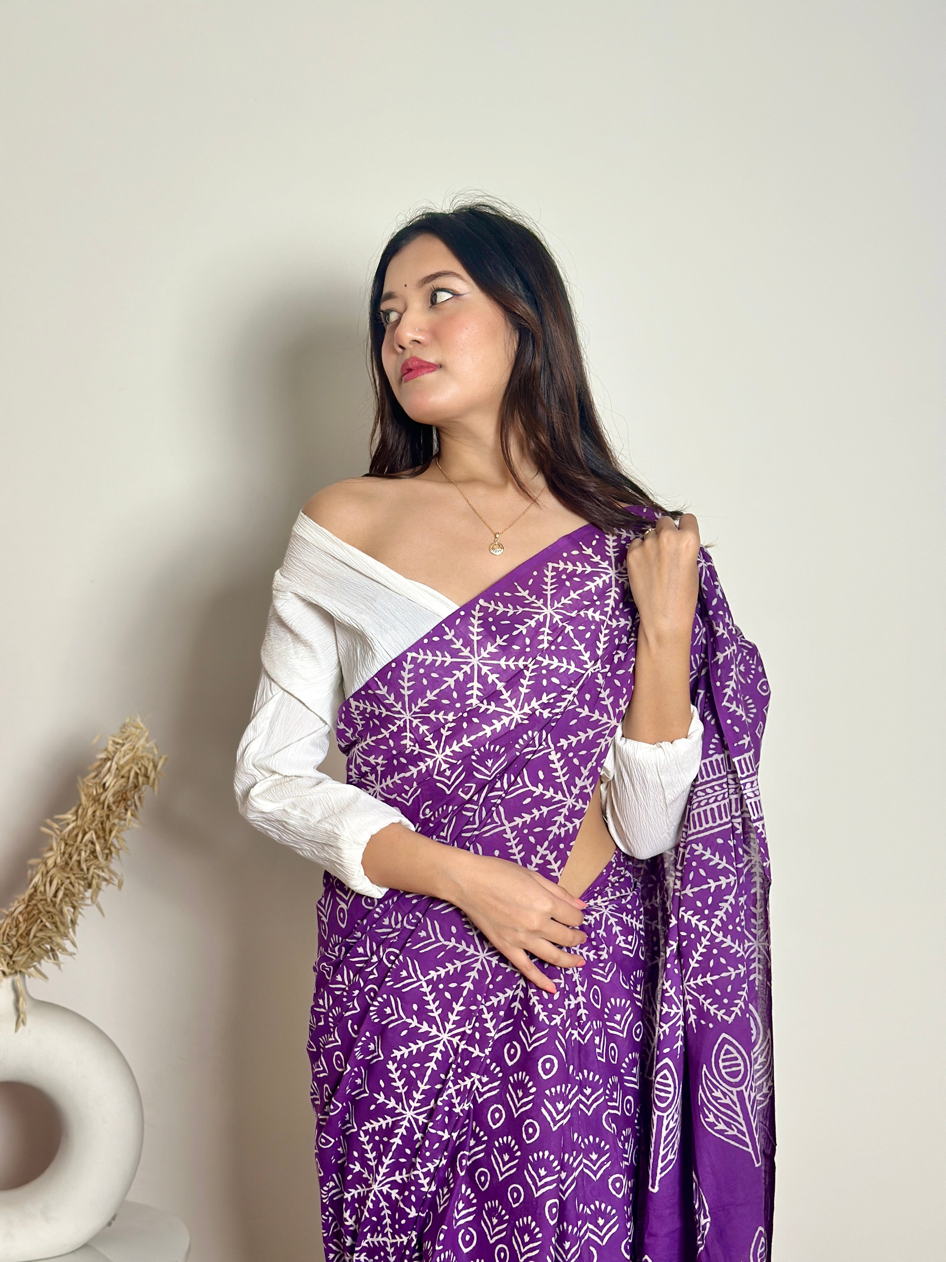 Old School Romance Handblock Print Natural Dyed - Purple Mulmul Cotton Saree