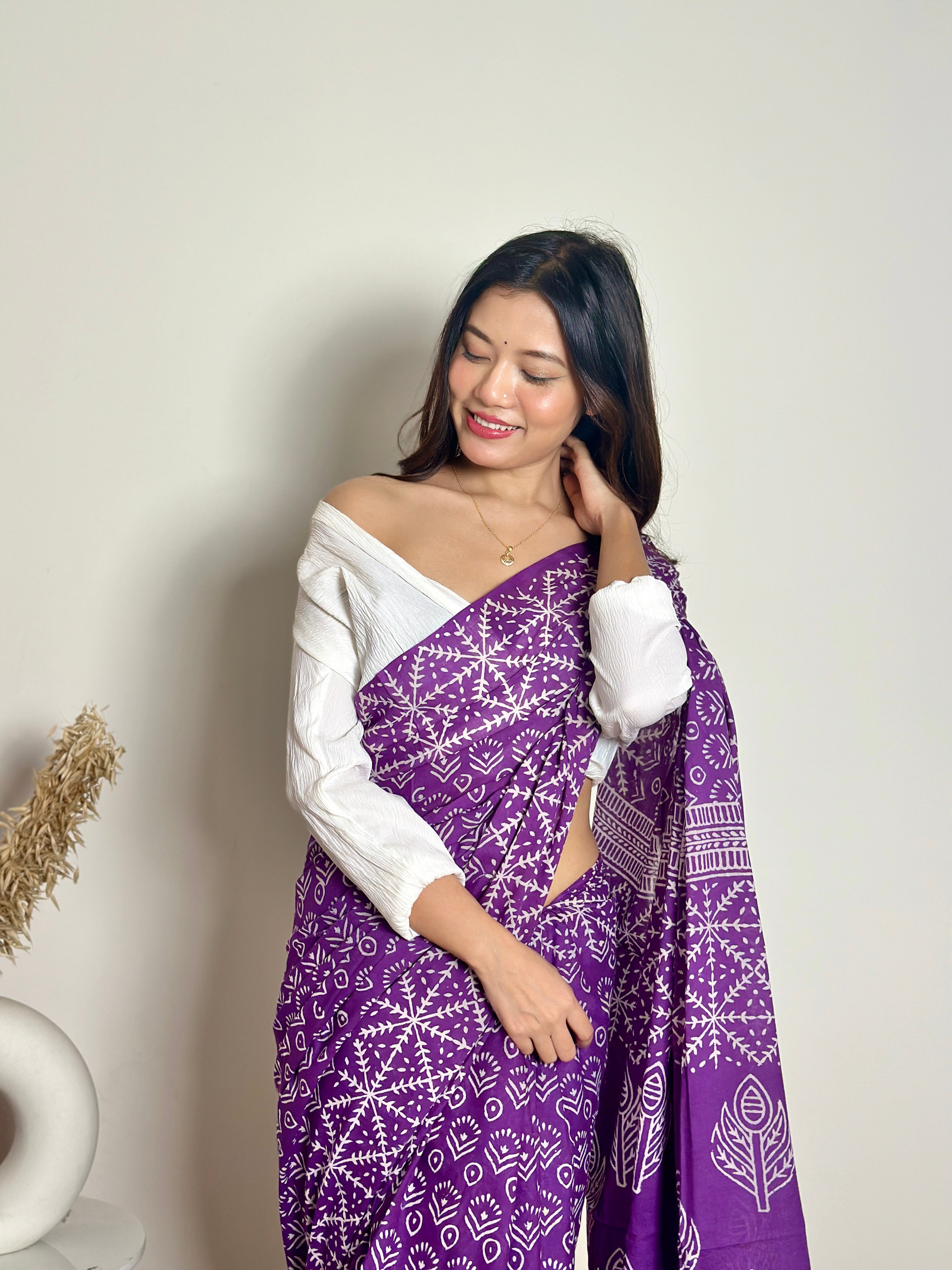 Old School Romance Handblock Print Natural Dyed - Purple Mulmul Cotton Saree