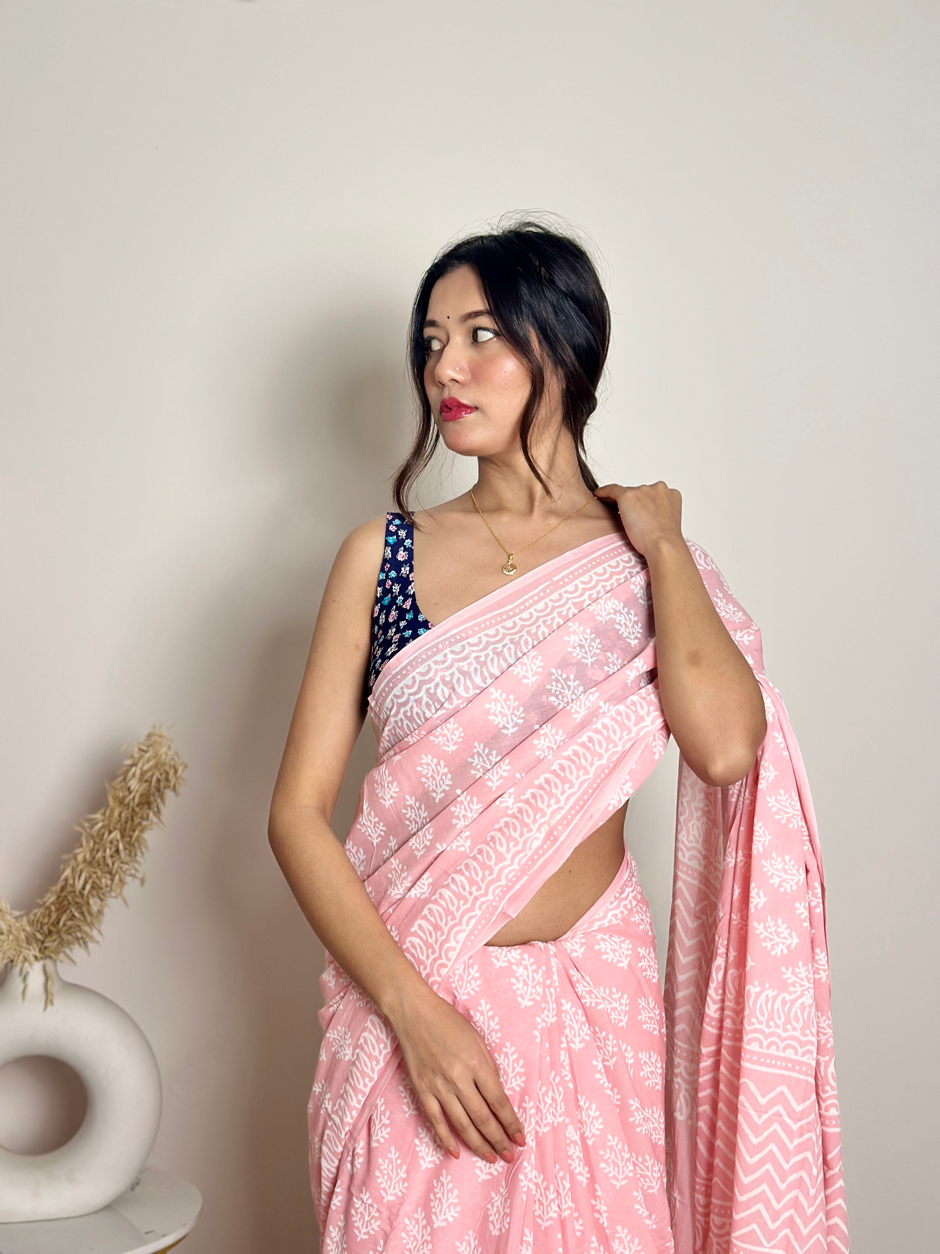 Summer Vacation Collection - Peachy Pink- Handblock Print Natural Dyed - Mulmul Cotton Saree