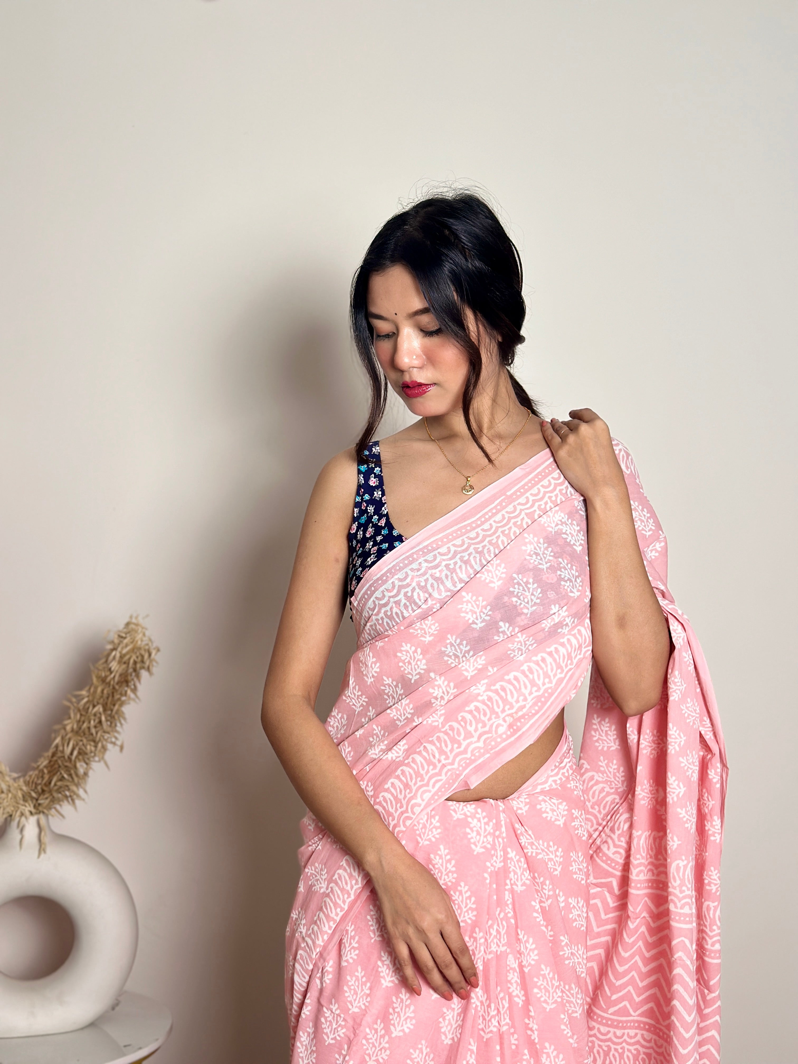 Summer Vacation Collection - Peachy Pink- Handblock Print Natural Dyed - Mulmul Cotton Saree