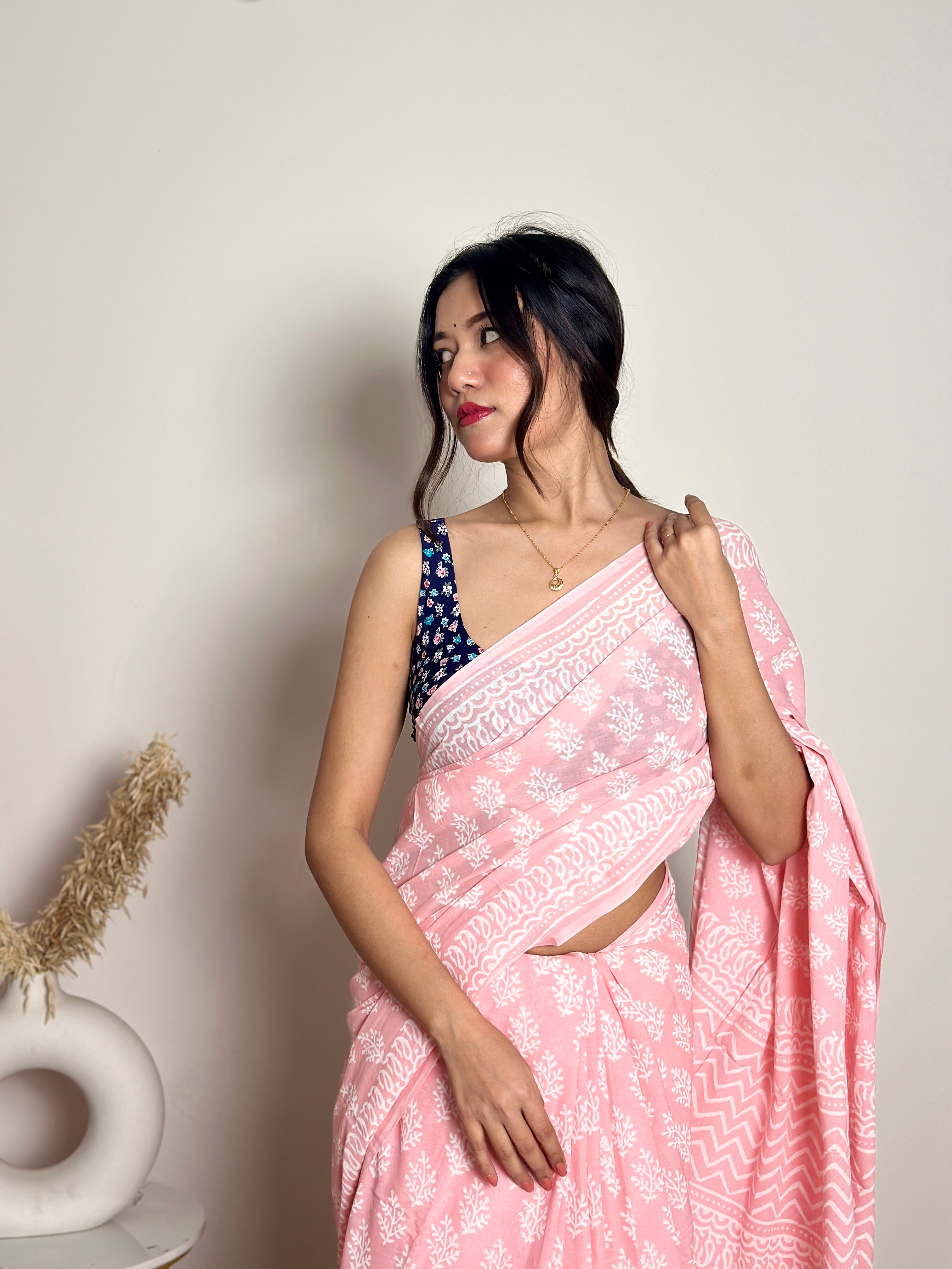 Summer Vacation Collection - Peachy Pink- Handblock Print Natural Dyed - Mulmul Cotton Saree