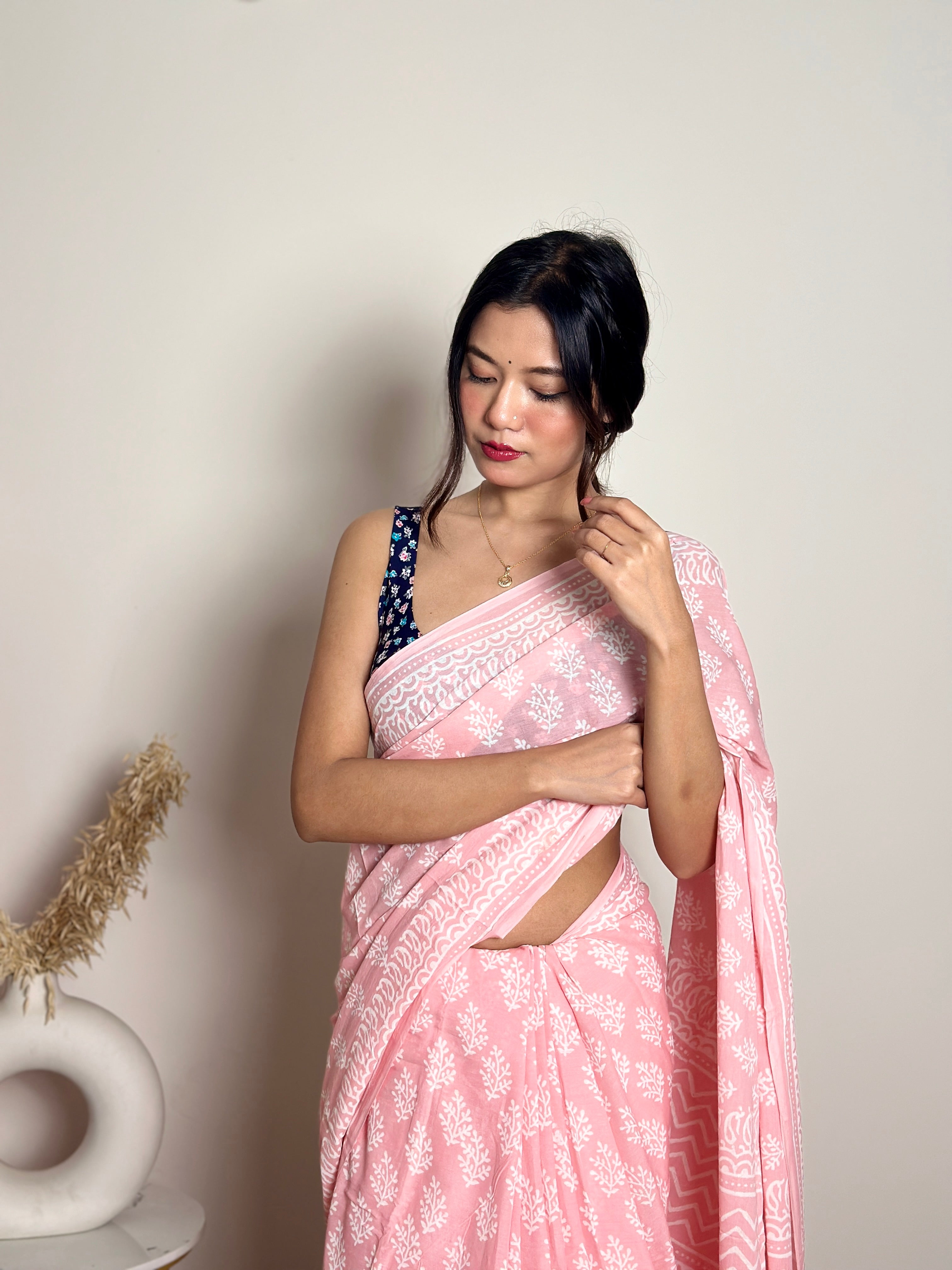 Summer Vacation Collection - Peachy Pink- Handblock Print Natural Dyed - Mulmul Cotton Saree