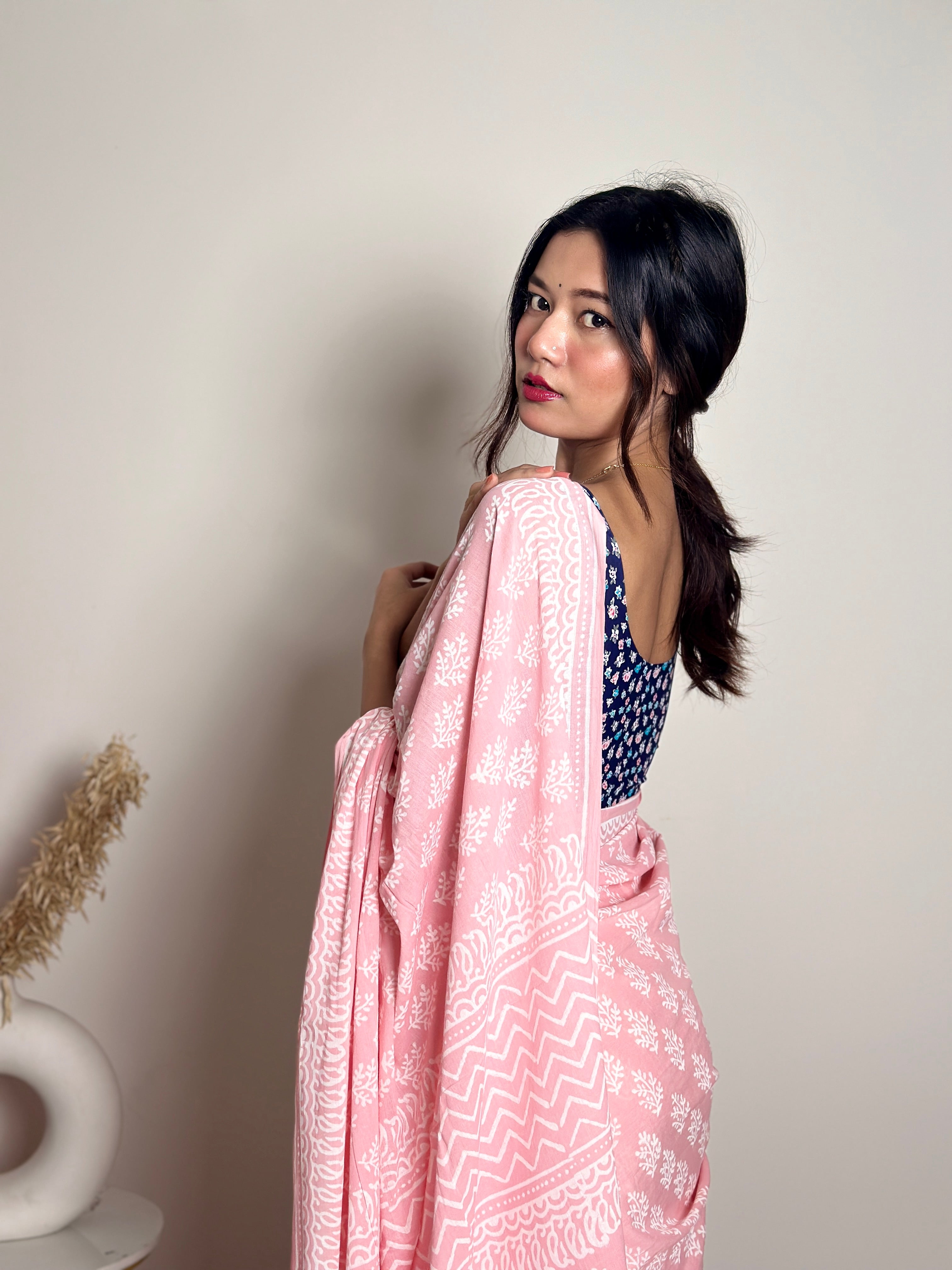 Summer Vacation Collection - Peachy Pink- Handblock Print Natural Dyed - Mulmul Cotton Saree