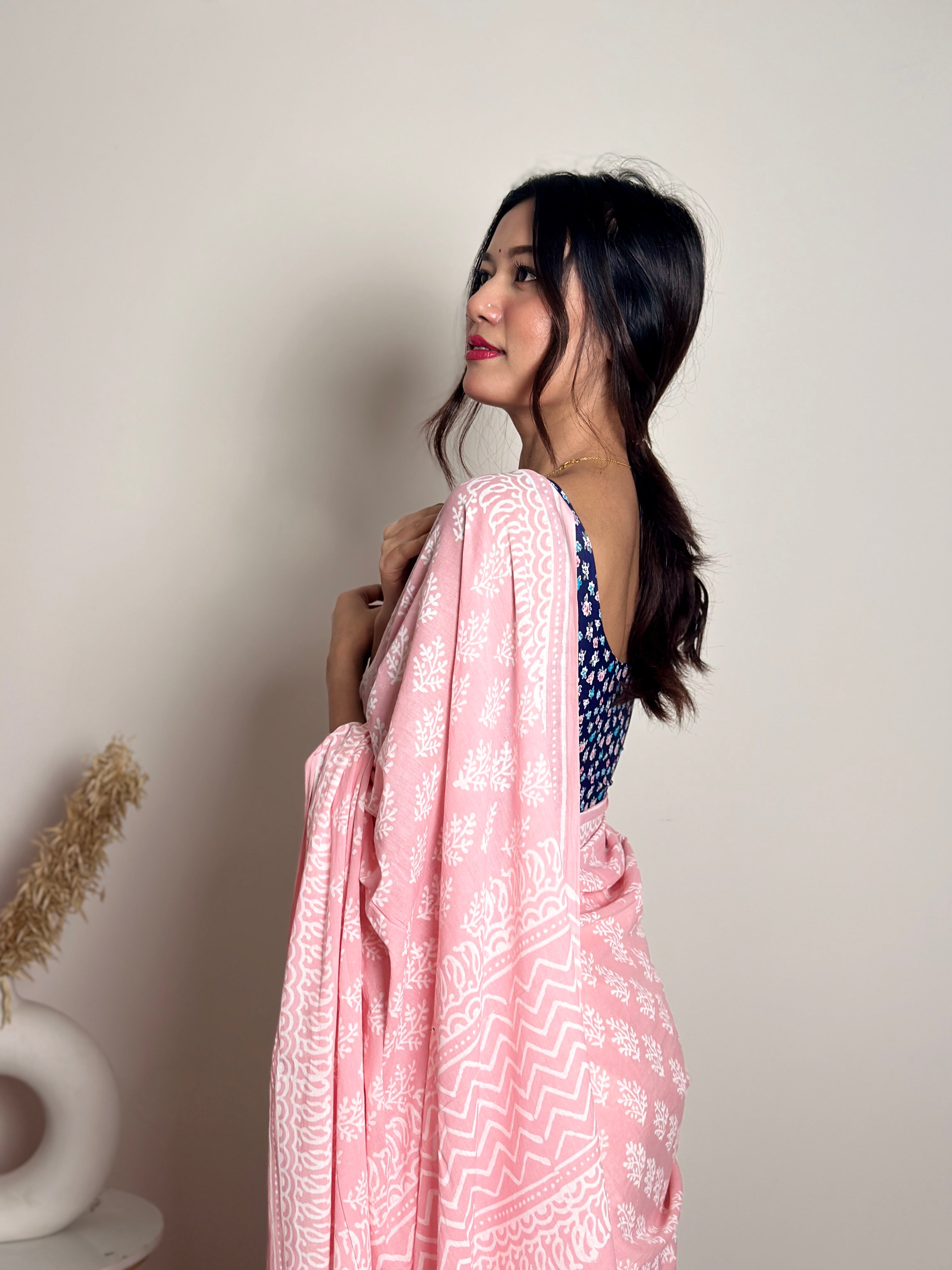 Summer Vacation Collection - Peachy Pink- Handblock Print Natural Dyed - Mulmul Cotton Saree