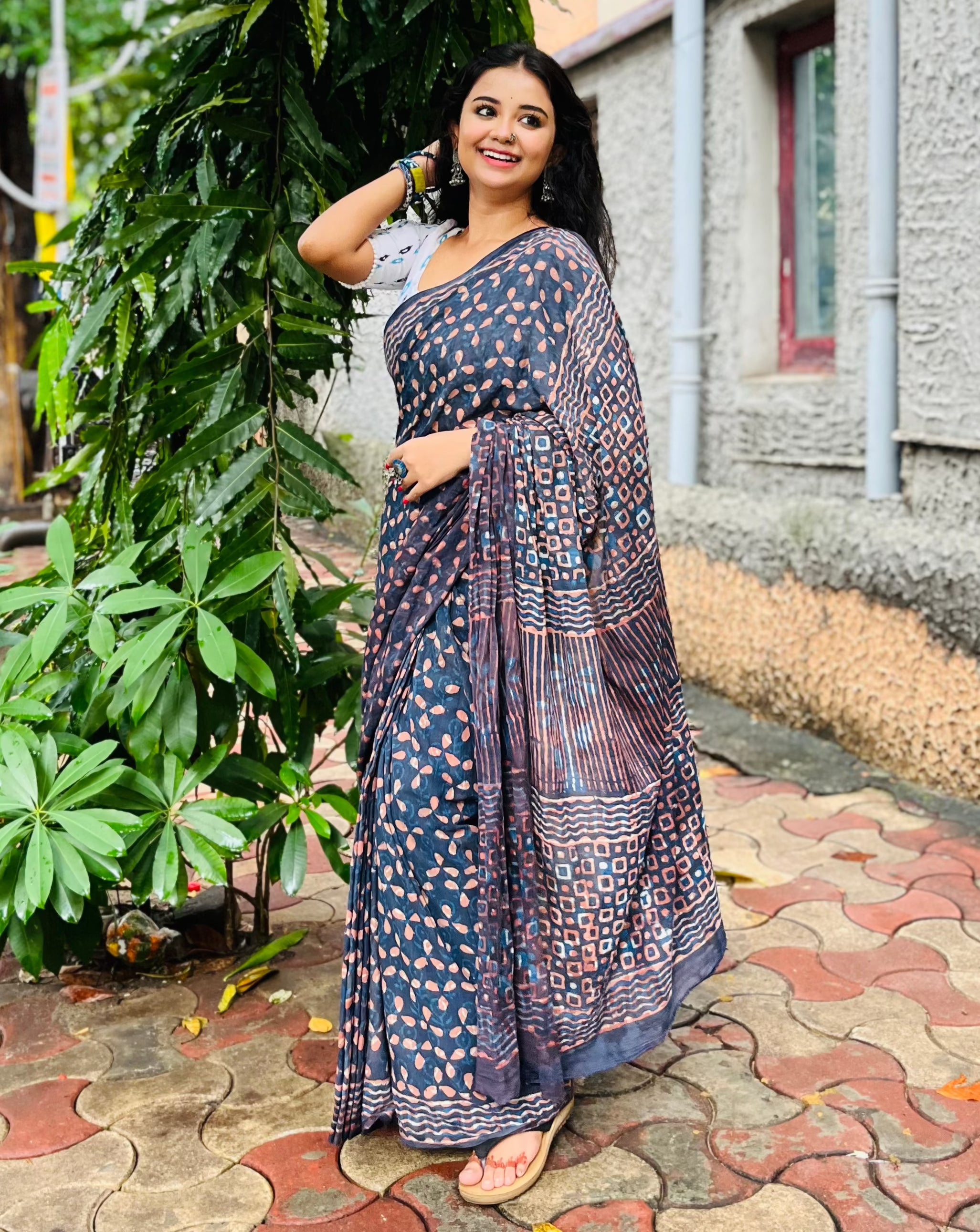 Dhalti Raat ( Stary Night In Dessert) - Bagru Natural Dyed Handblock Printed - Cotton Mulmul Saree