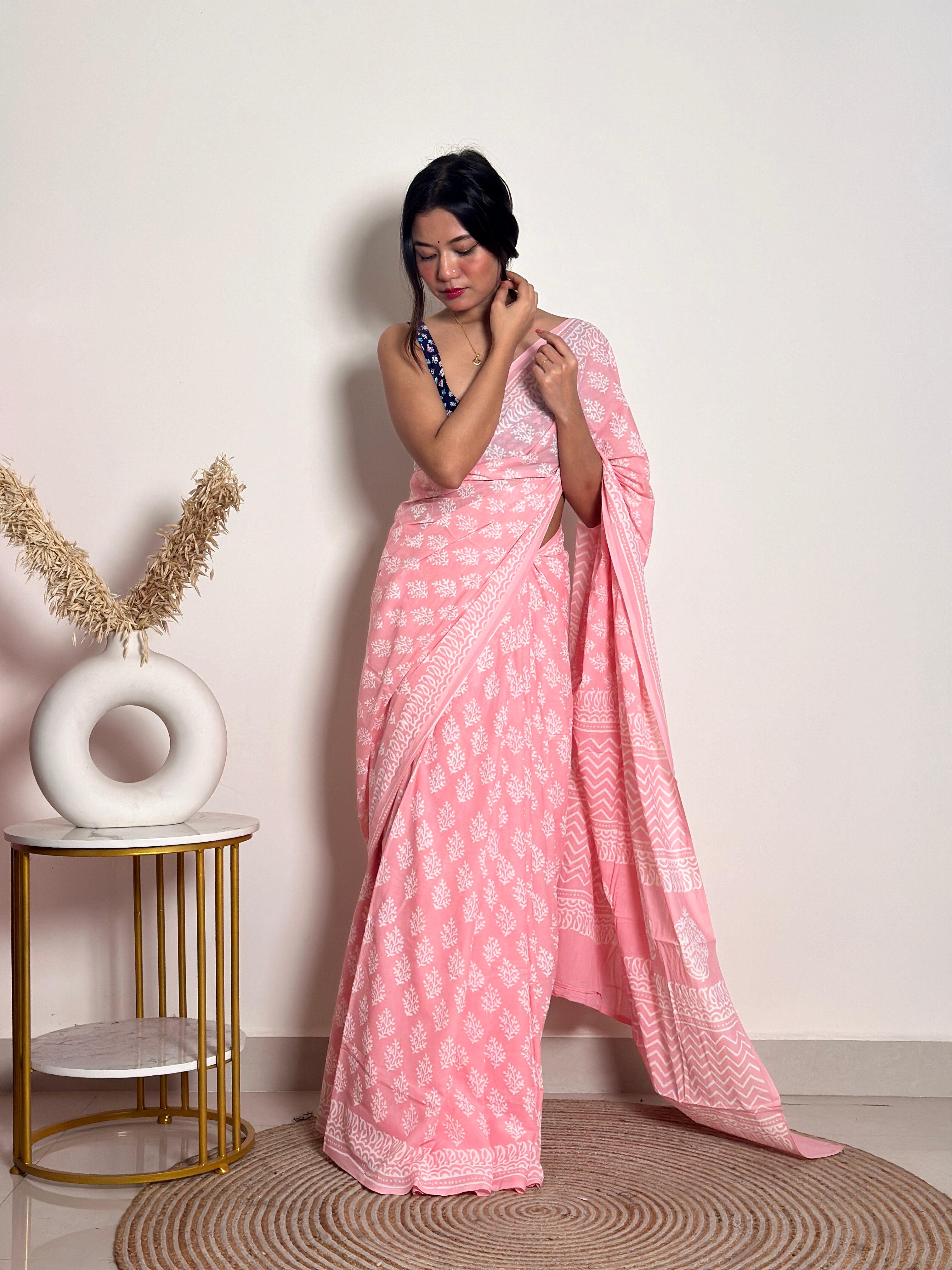 Summer Vacation Collection - Peachy Pink- Handblock Print Natural Dyed - Mulmul Cotton Saree