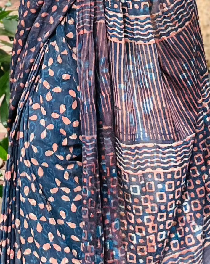 Dhalti Raat ( Stary Night In Dessert) - Bagru Natural Dyed Handblock Printed - Cotton Mulmul Saree