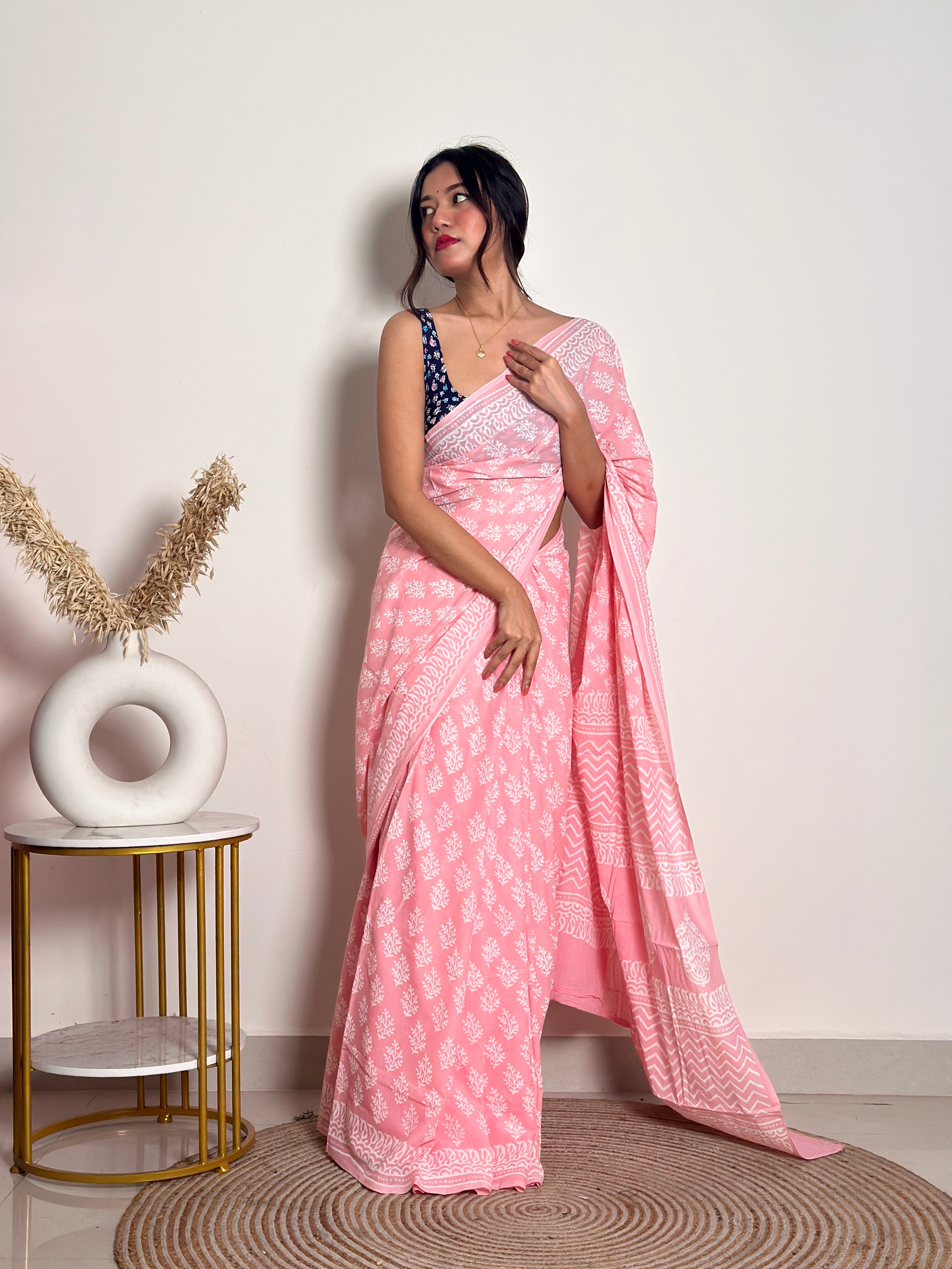Summer Vacation Collection - Peachy Pink- Handblock Print Natural Dyed - Mulmul Cotton Saree
