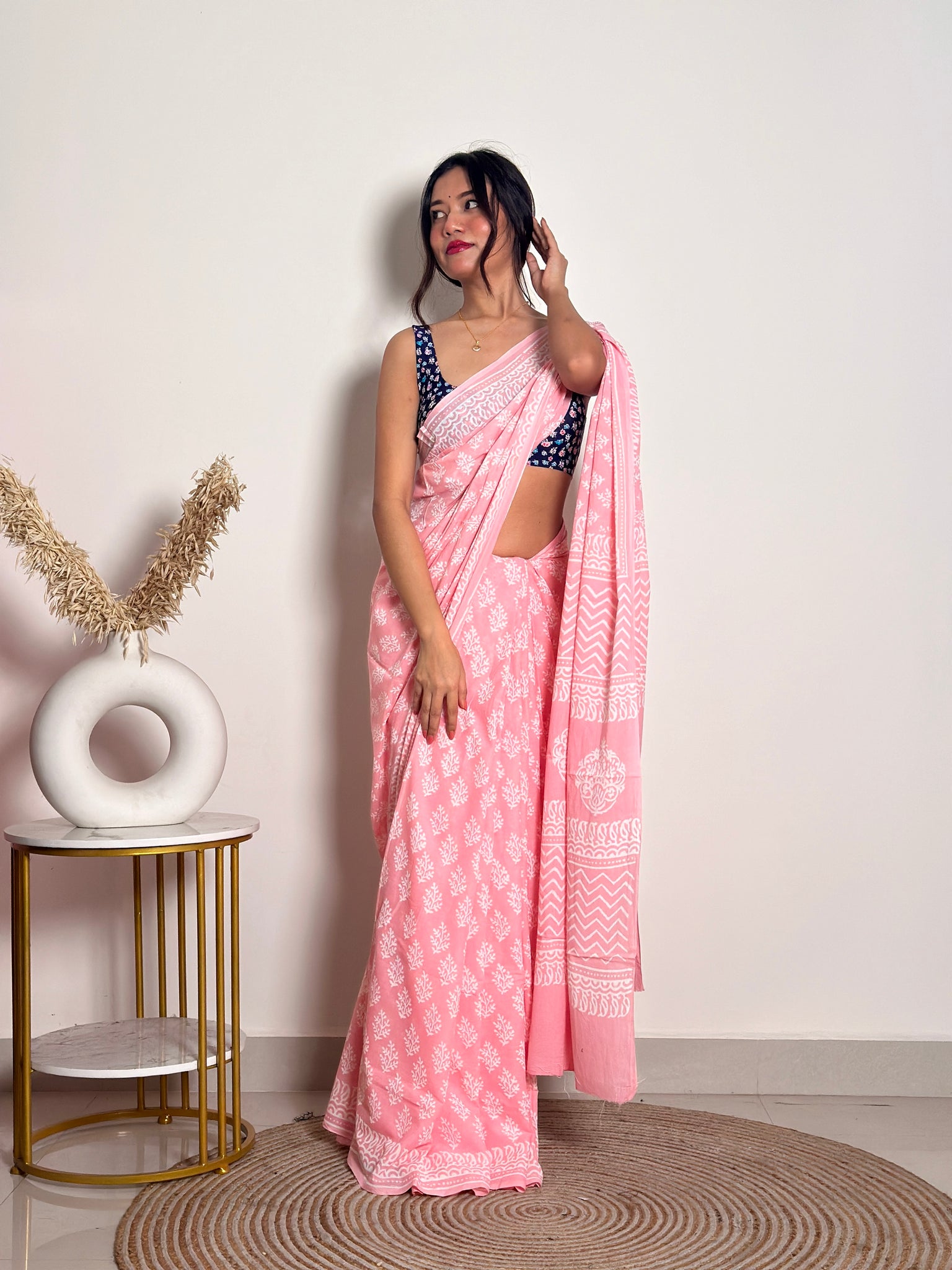 Summer Vacation Collection - Peachy Pink- Handblock Print Natural Dyed - Mulmul Cotton Saree