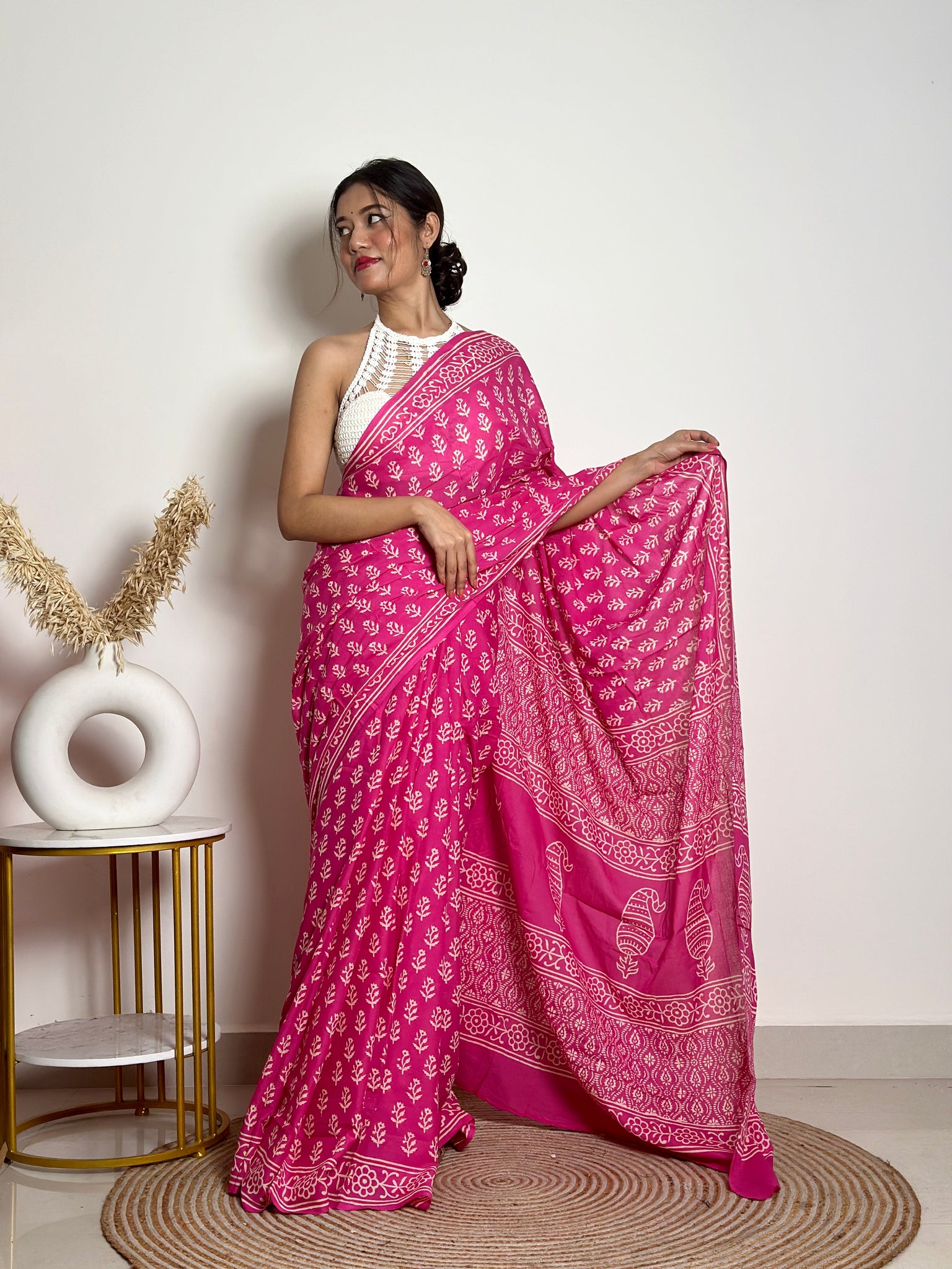 Poppins Collection - Pink Poppins Candy - Handblock Print Natural Dyed - Mulmul Cotton Saree