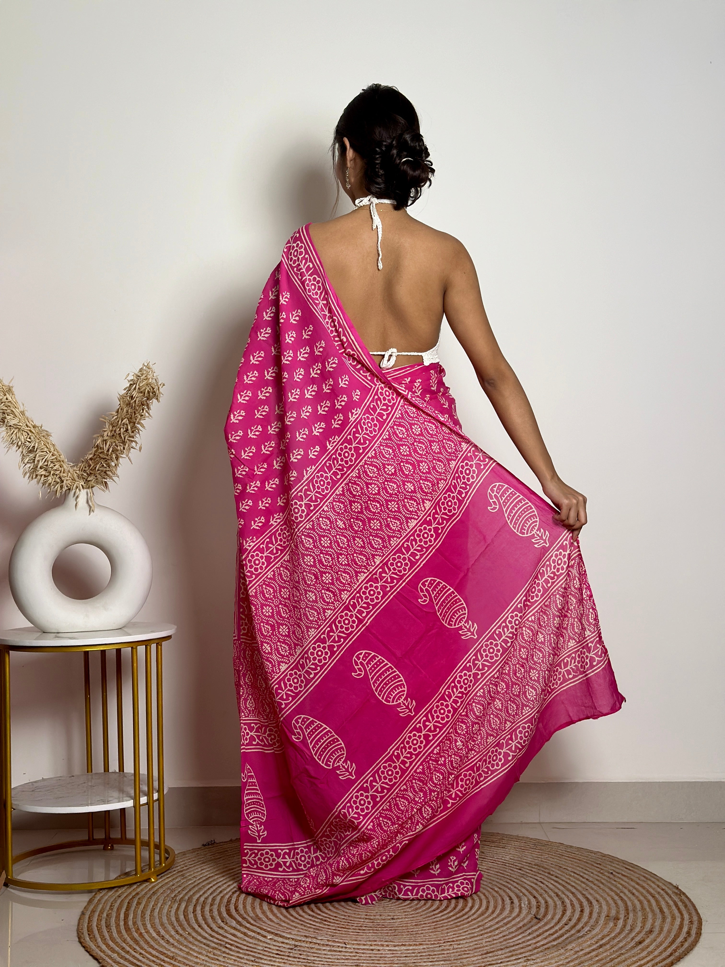 Poppins Collection - Pink Poppins Candy - Handblock Print Natural Dyed - Mulmul Cotton Saree