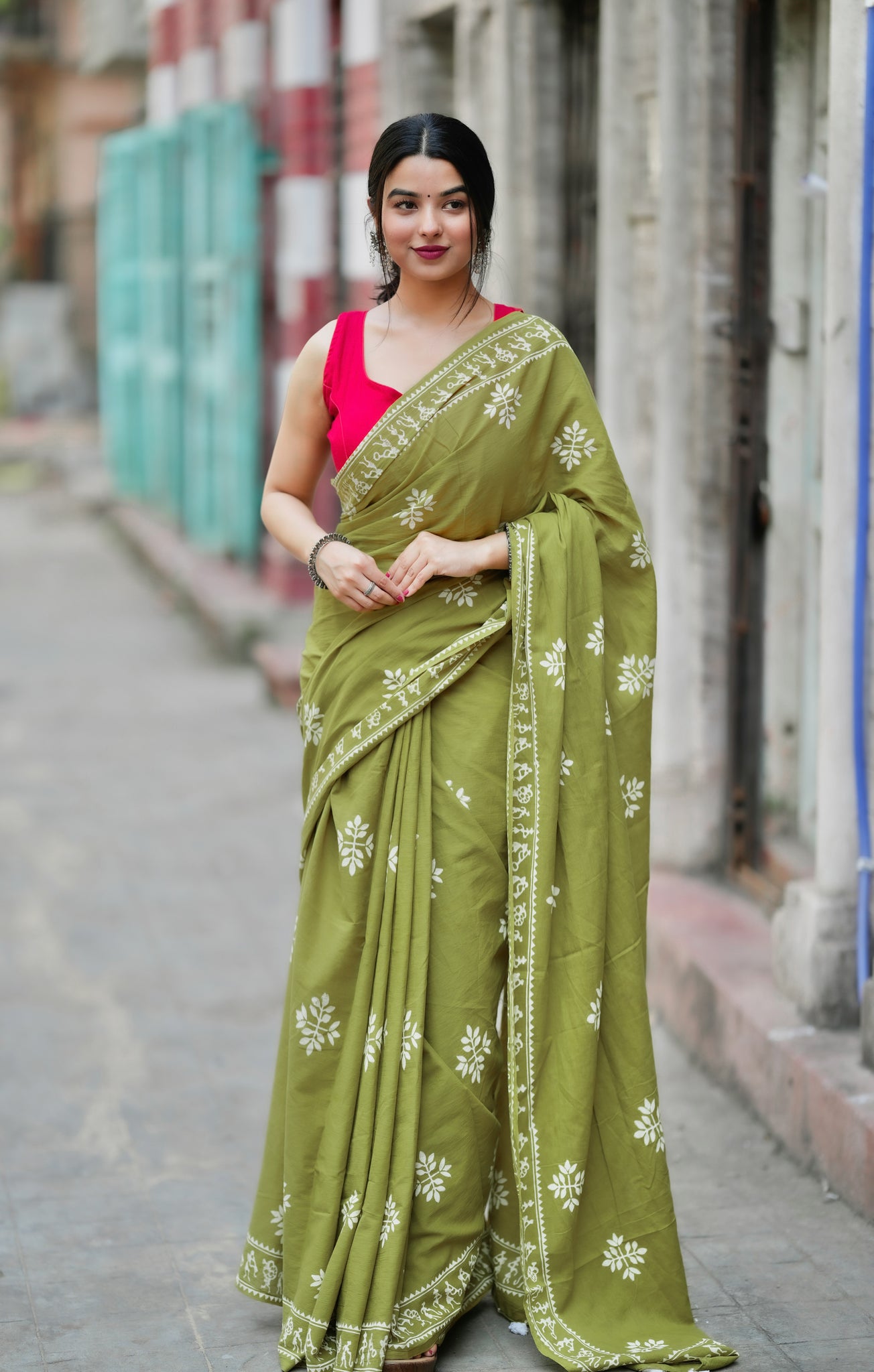 "Fragrance of Heena" - Handblock Print Natural Dyed - Mulmul Cotton Saree