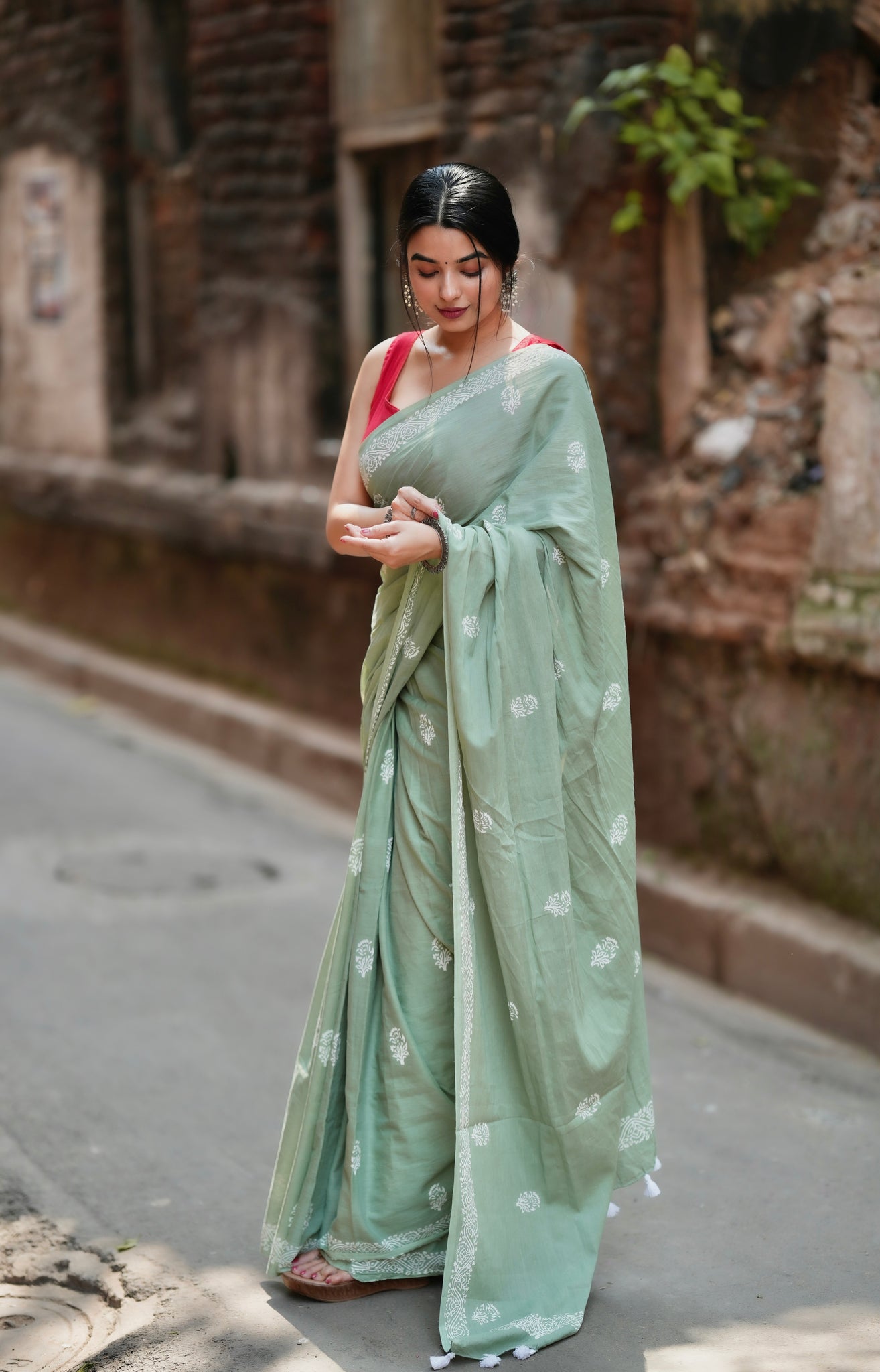 Mint Mojito - Handblock Print Natural Dyed - Mulmul Cotton Saree