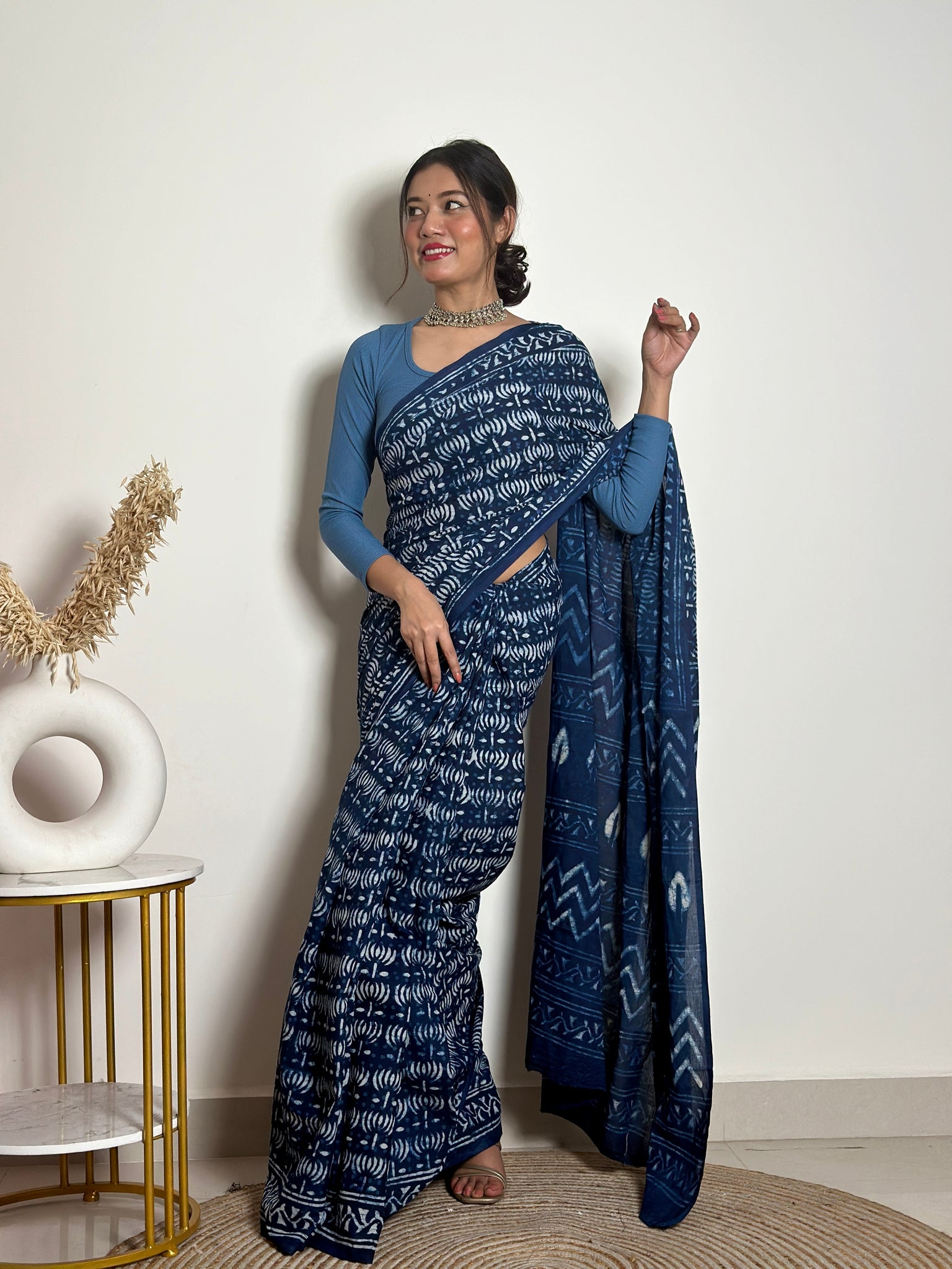 Indigo Lotus - Handblock Dabu in Natural Dyes - Cotton Mulmul Saree