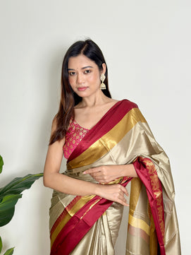 Warm Grey Beige - Handwoven - Silk Saree