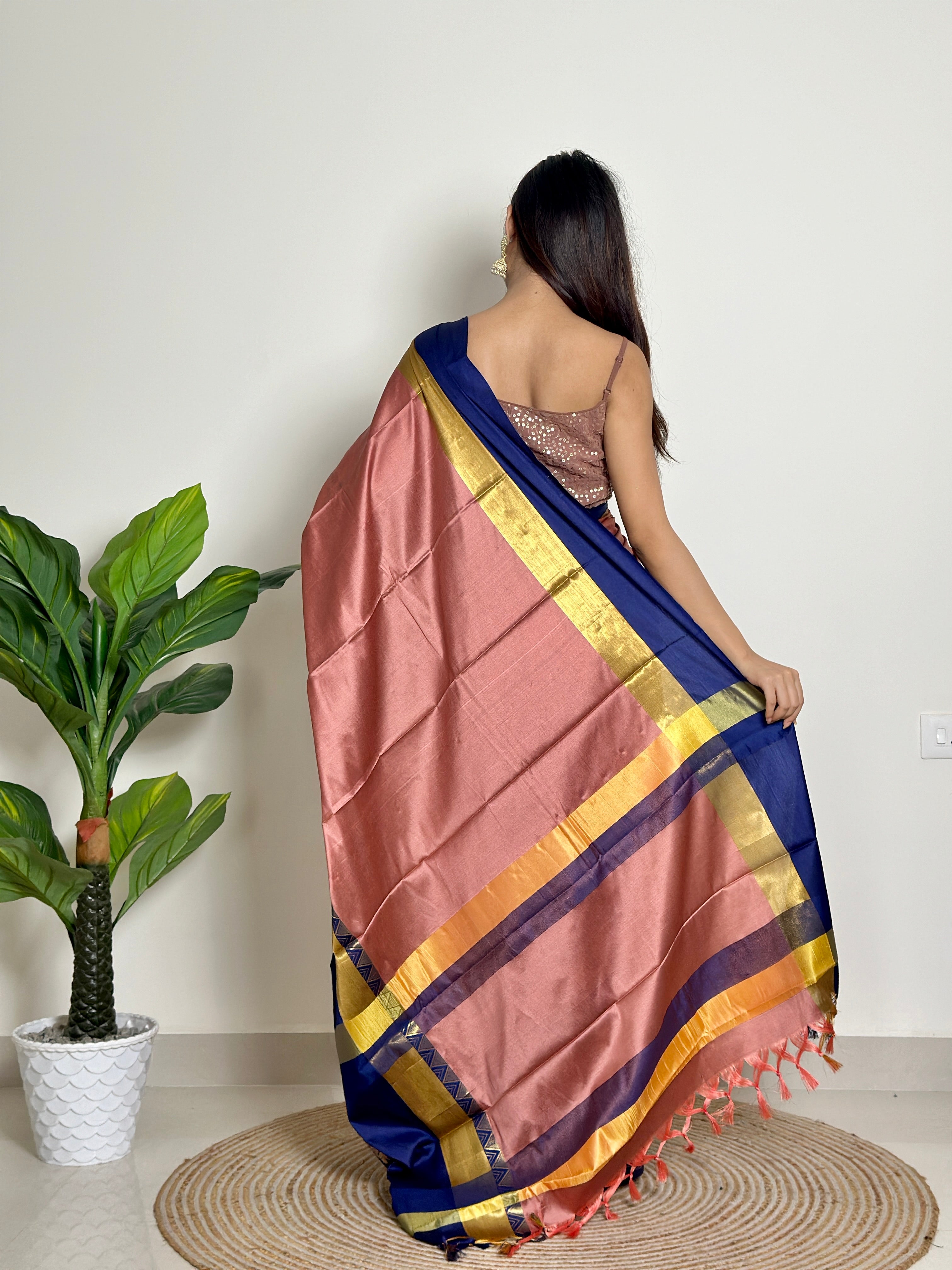 Copper Pink  - Handwoven - Silk Saree