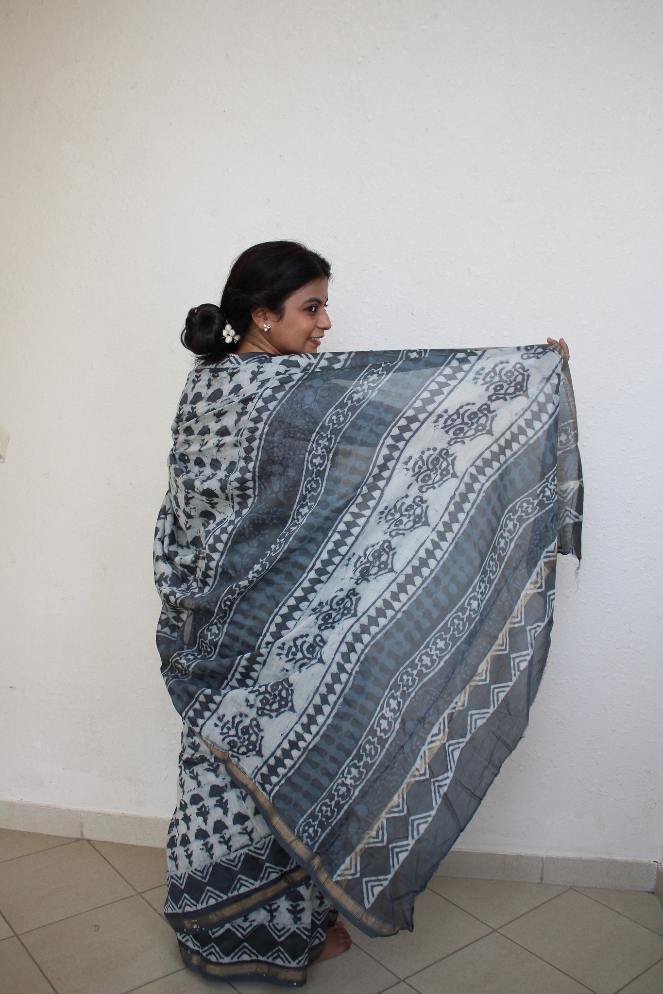 Slaty - Bagru Natural Dyes Handblock Printed - Chanderi Silk Saree