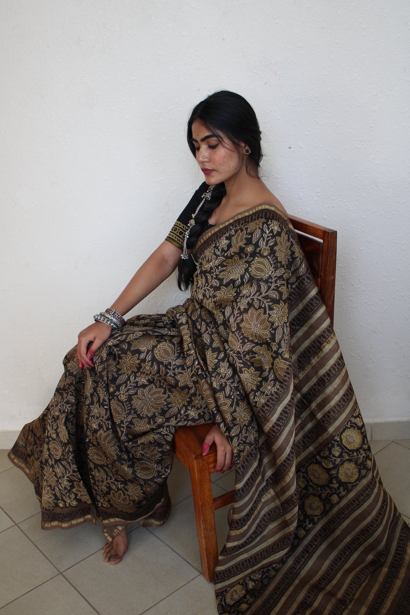 Amya- Bagru Natural Dyes Handblock Printed - Chanderi Silk Saree
