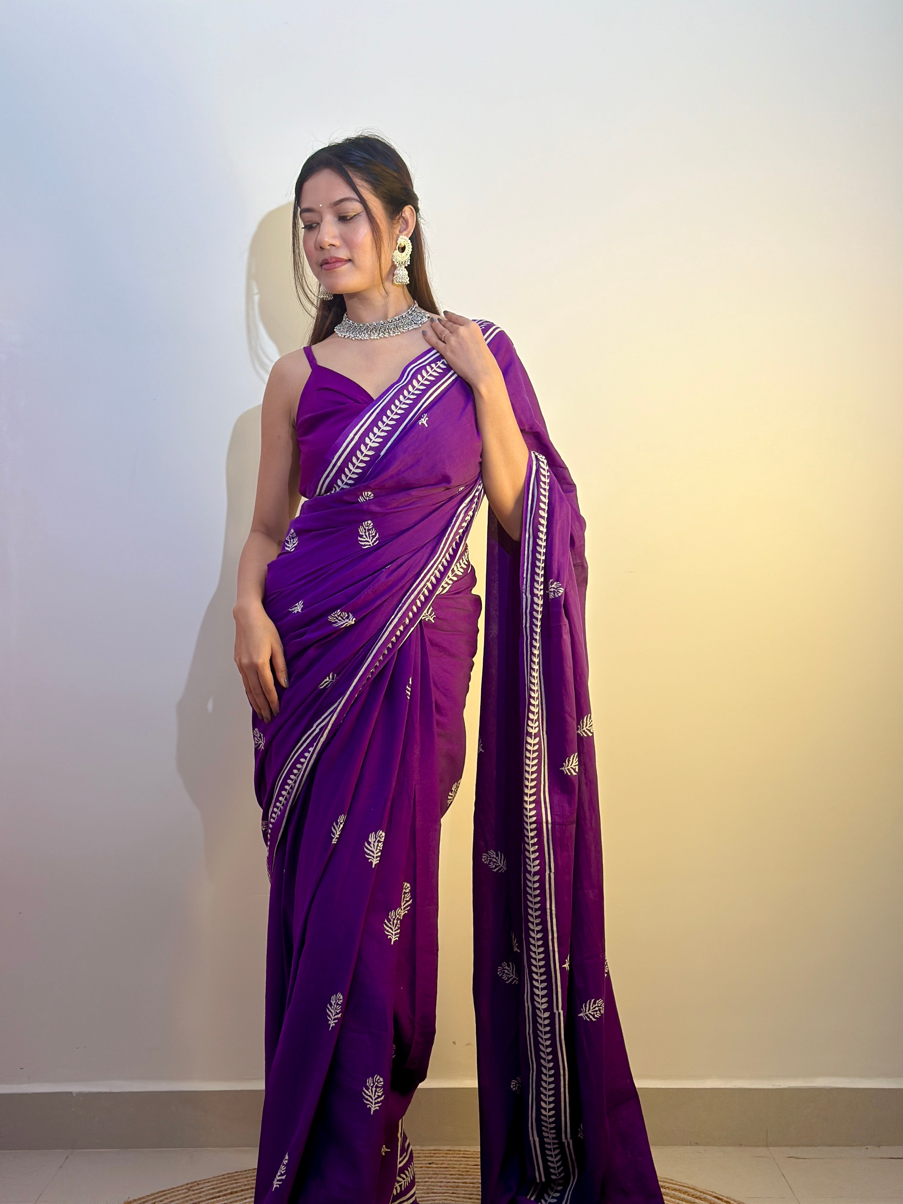 Party Purple - Handblock Print Natural Dyed - Mulmul Cotton Saree