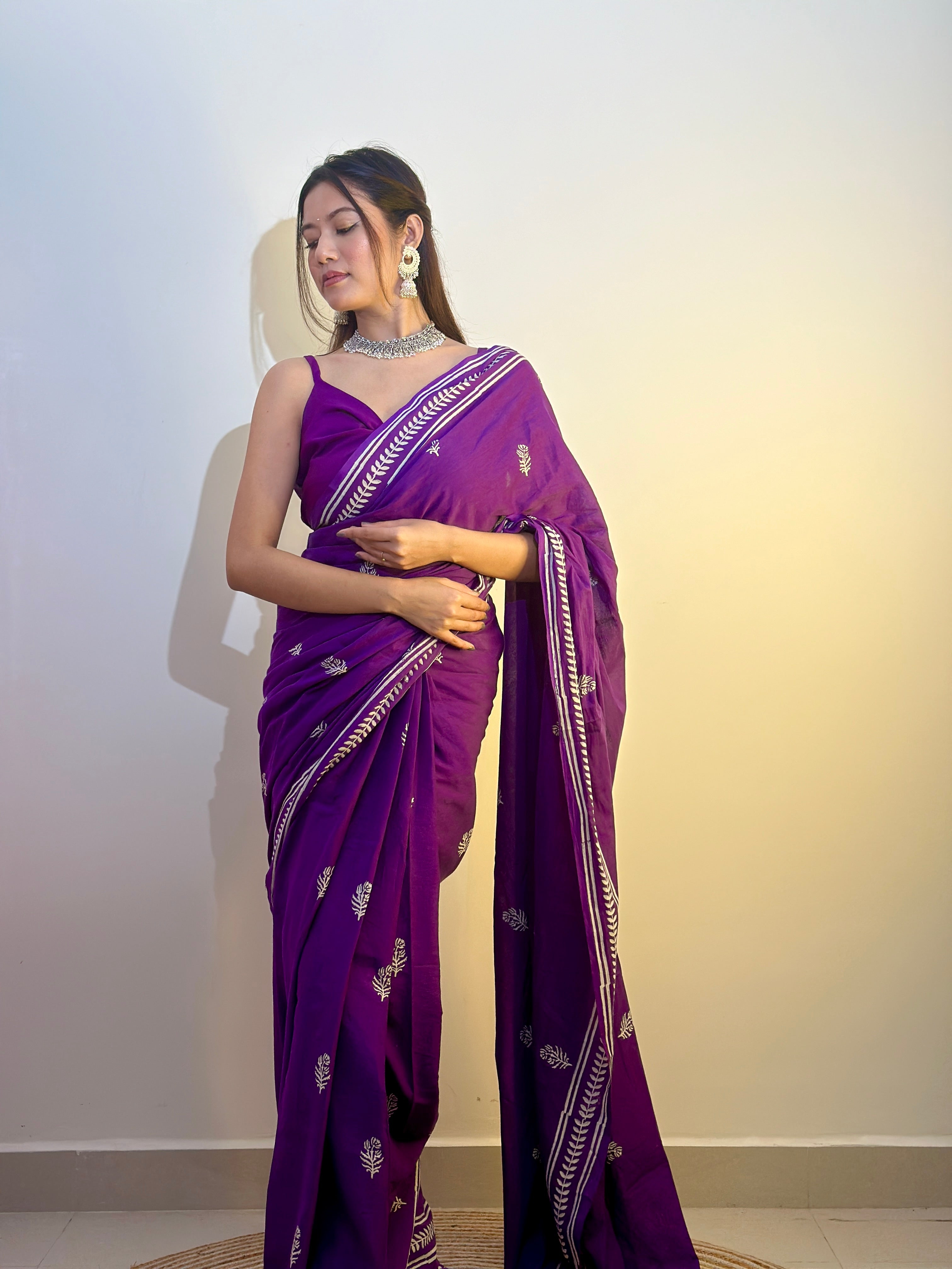 Party Purple - Handblock Print Natural Dyed - Mulmul Cotton Saree