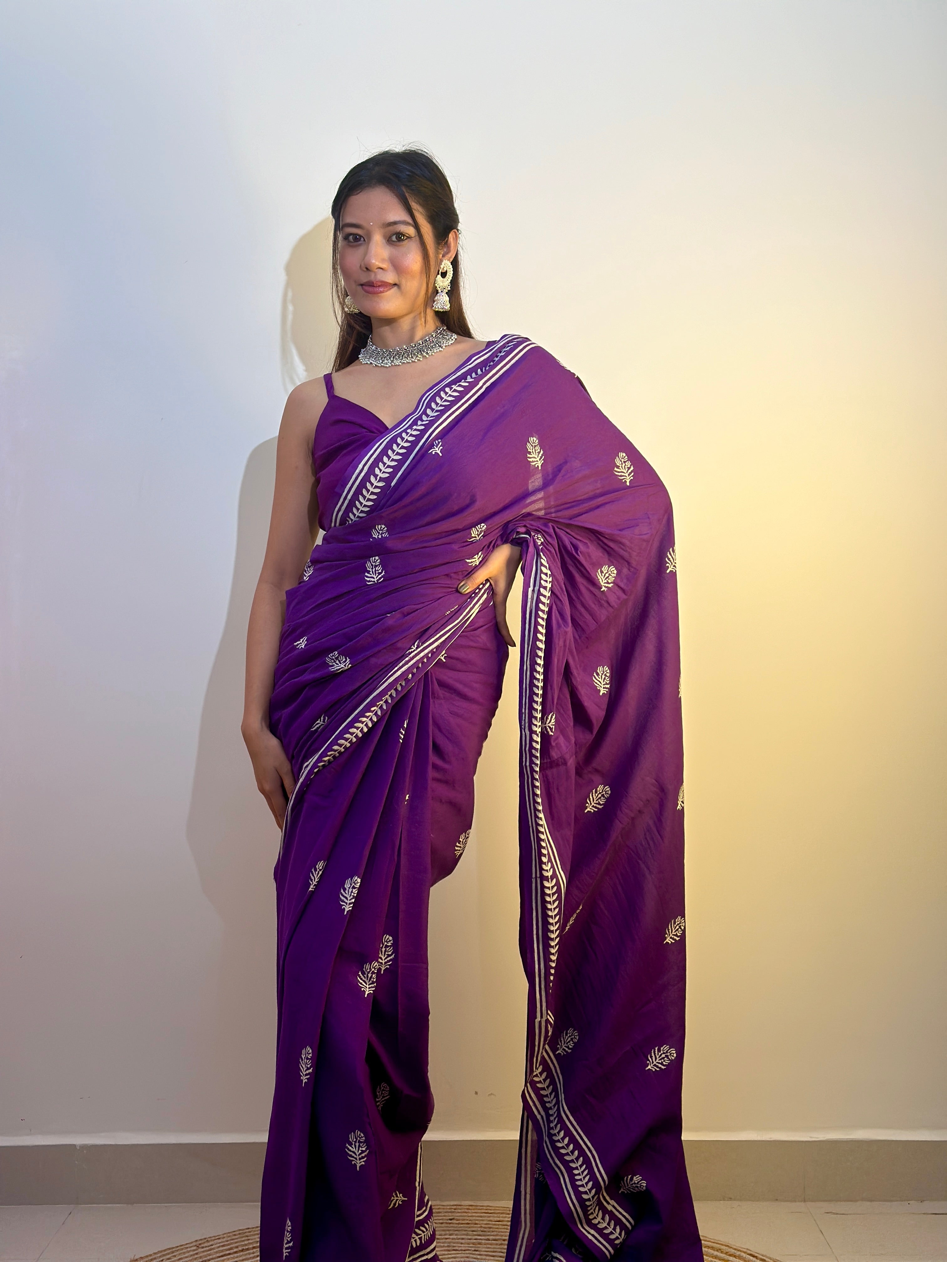 Party Purple - Handblock Print Natural Dyed - Mulmul Cotton Saree