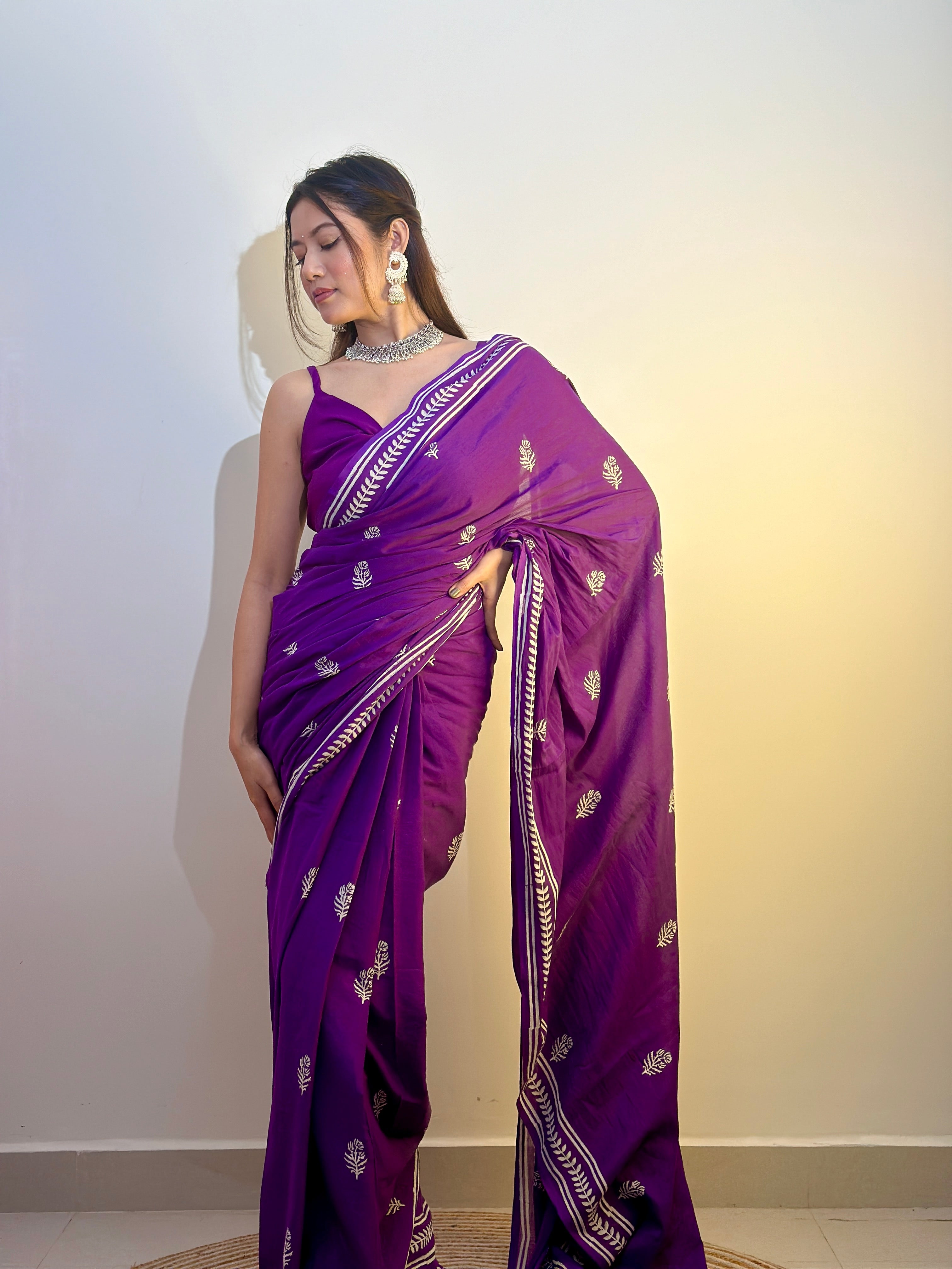 Party Purple - Handblock Print Natural Dyed - Mulmul Cotton Saree