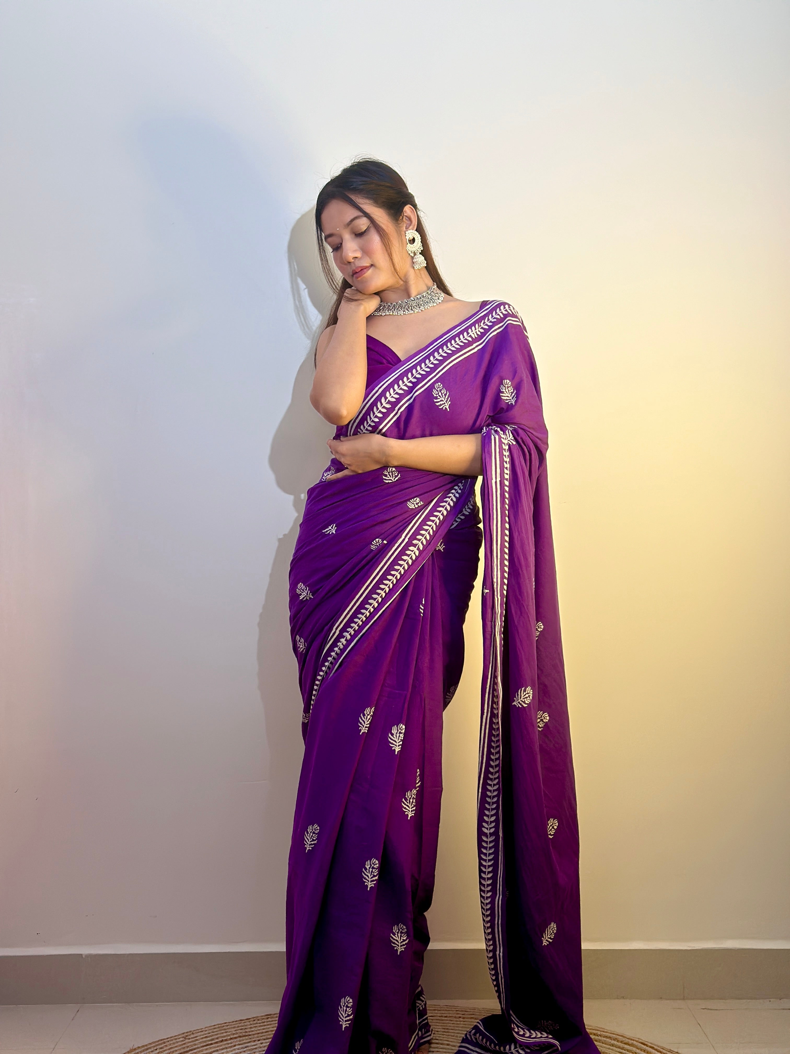 Party Purple - Handblock Print Natural Dyed - Mulmul Cotton Saree