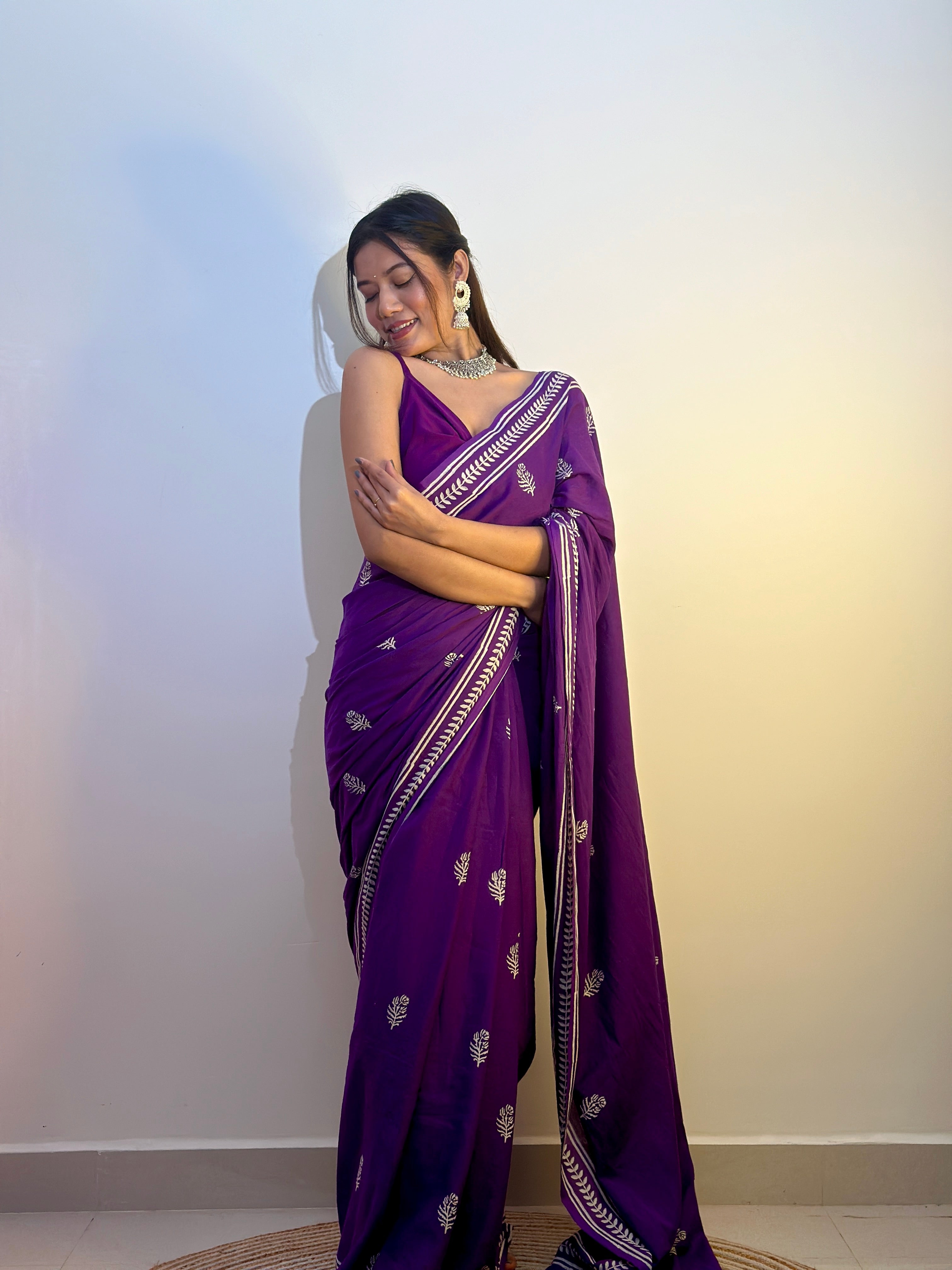 Party Purple - Handblock Print Natural Dyed - Mulmul Cotton Saree