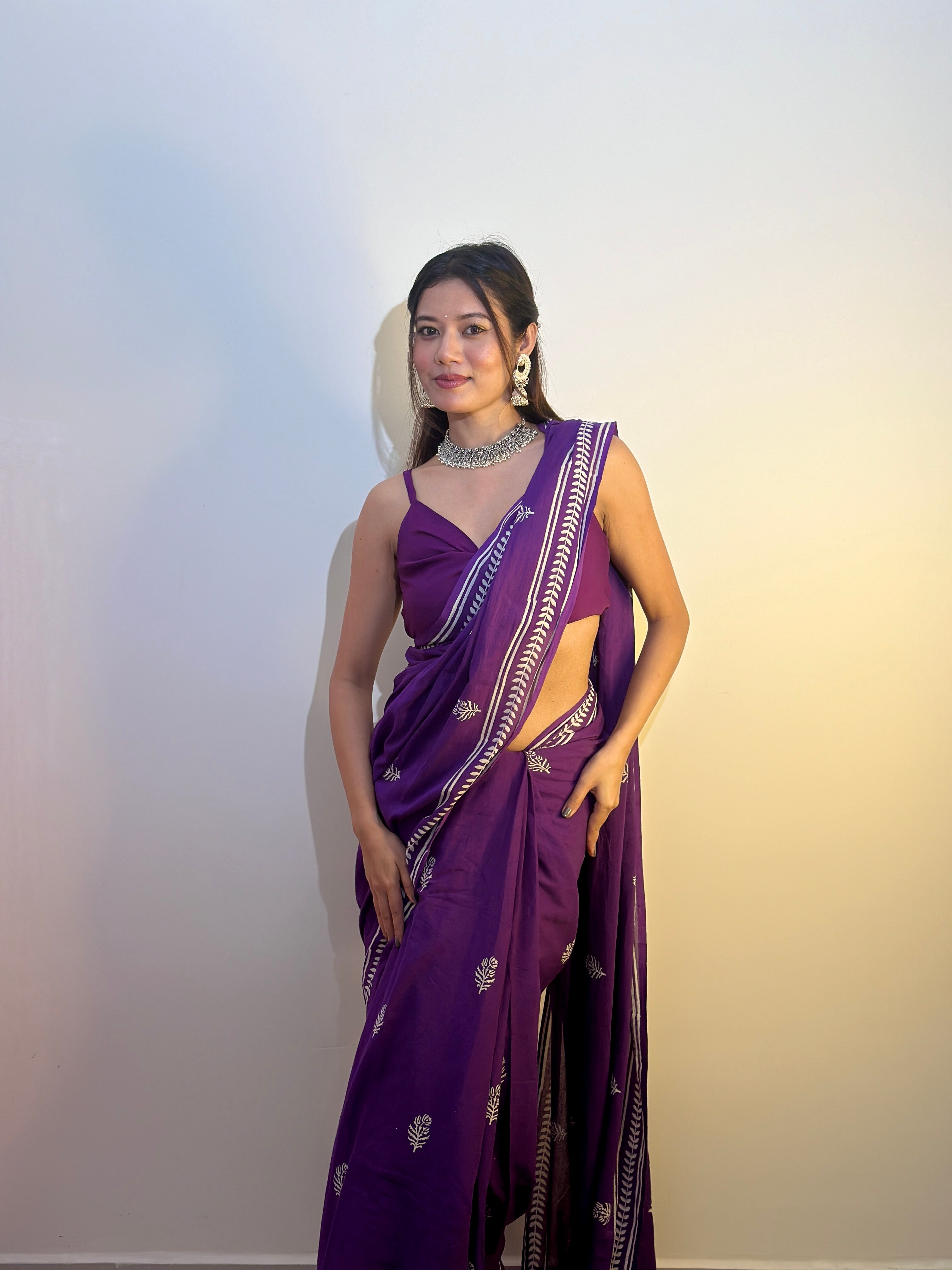 Party Purple - Handblock Print Natural Dyed - Mulmul Cotton Saree