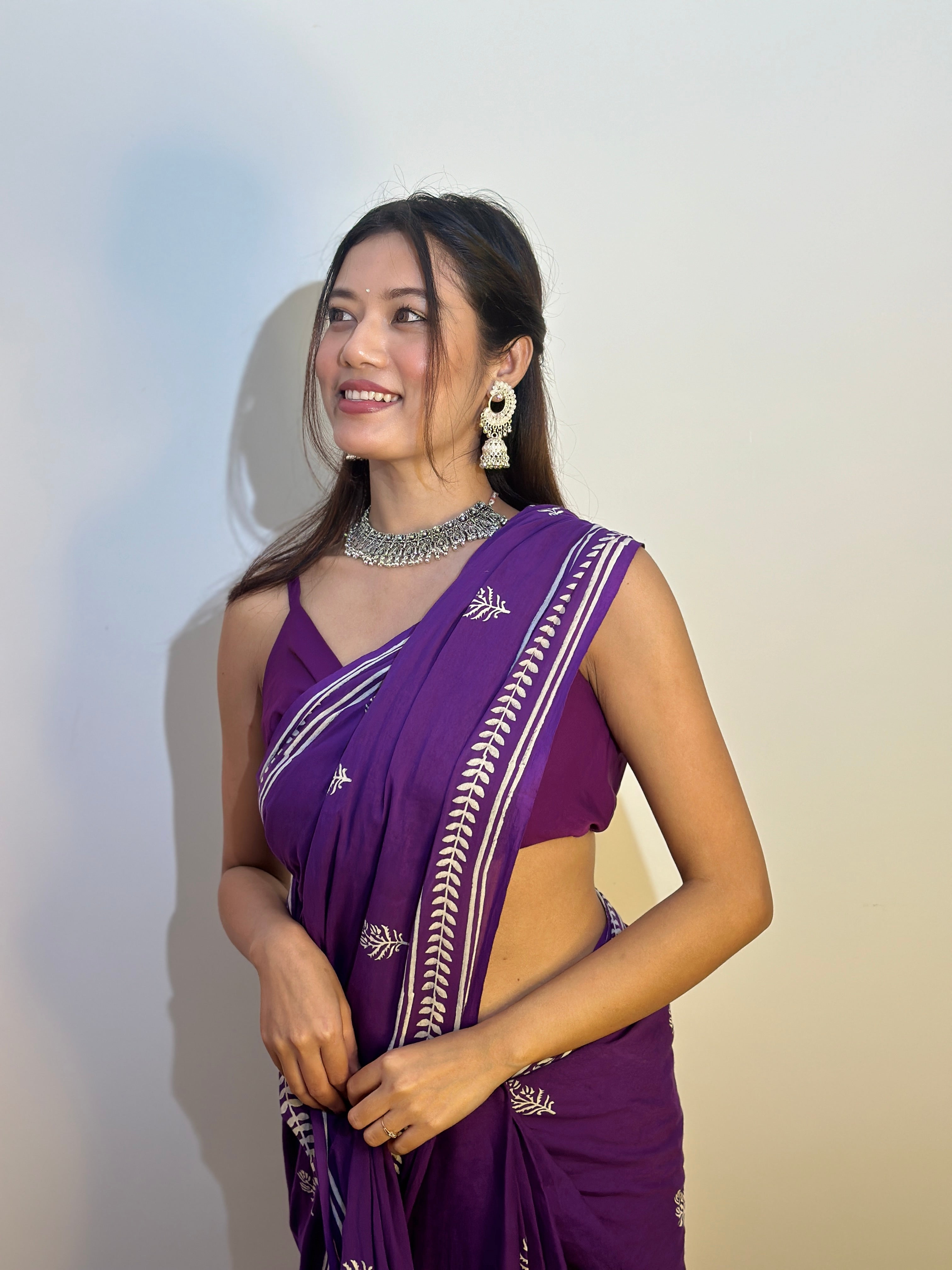 Party Purple - Handblock Print Natural Dyed - Mulmul Cotton Saree