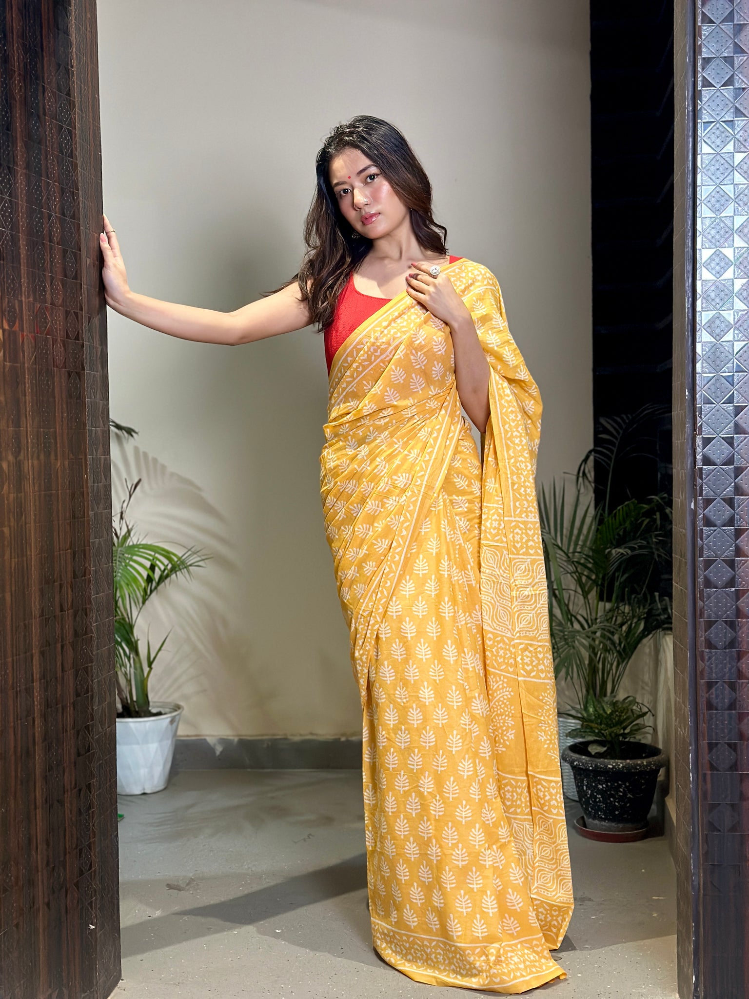 Poppins Collection - Yellow Poppins Candy - Handblock Print Natural Dyed - Mulmul Cotton Saree